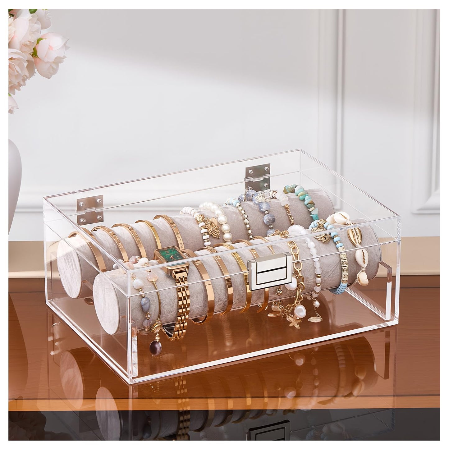 Lolalet Acrylic Bracelet Organizer Box, Clear Jewelry Display Holder for Bangles Watches, Jewellery Accessories Storage Case for Women -No Drawer