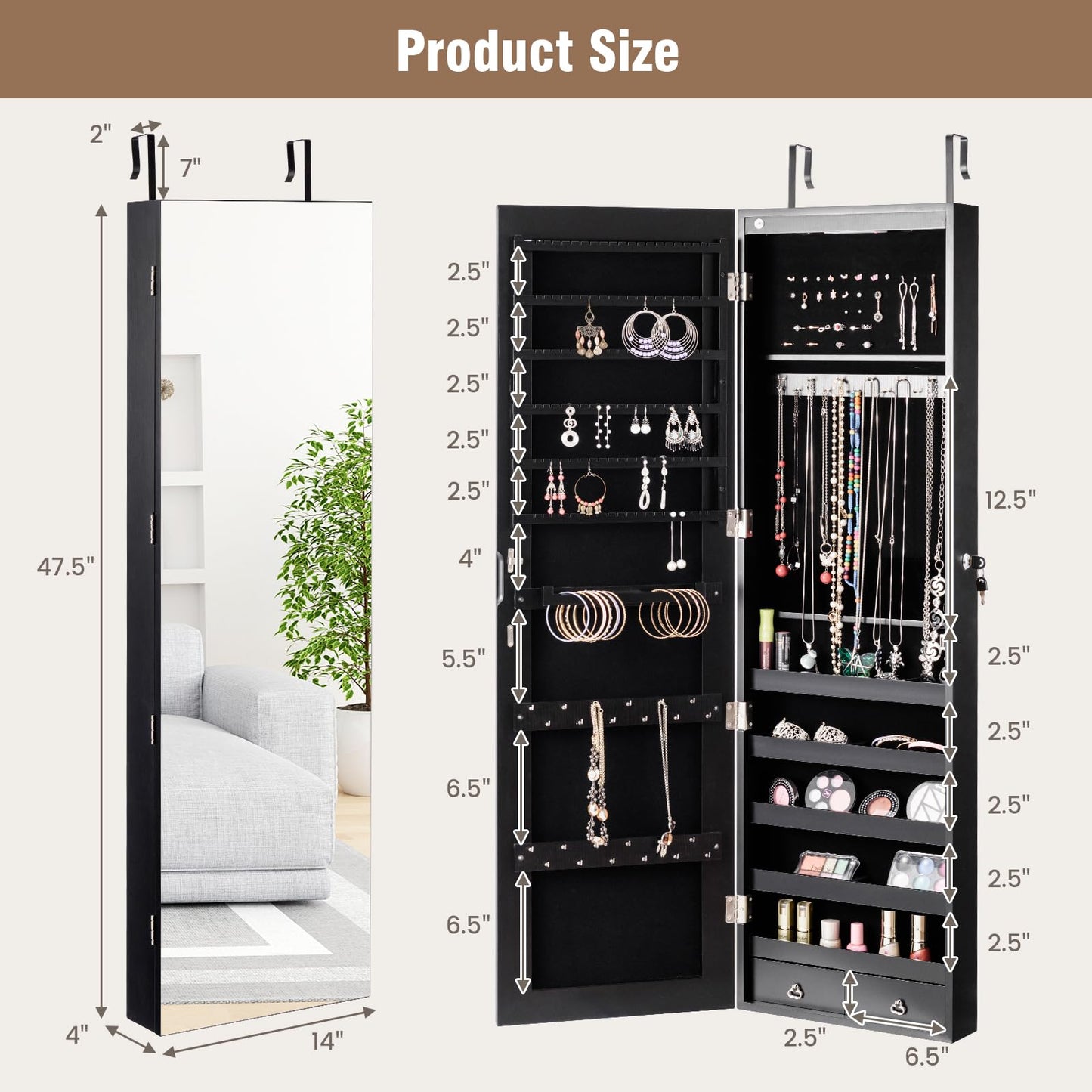 HAPPYGRILL Over the Door Jewelry Organizer, Hanging Jewelry Storage Cabinet w/Full-Length, Inner Makeup Mirror, Earring Shelves, Ring Slots, 25 Necklace Hooks, Wall Mounted Jewelry Armoire for Women