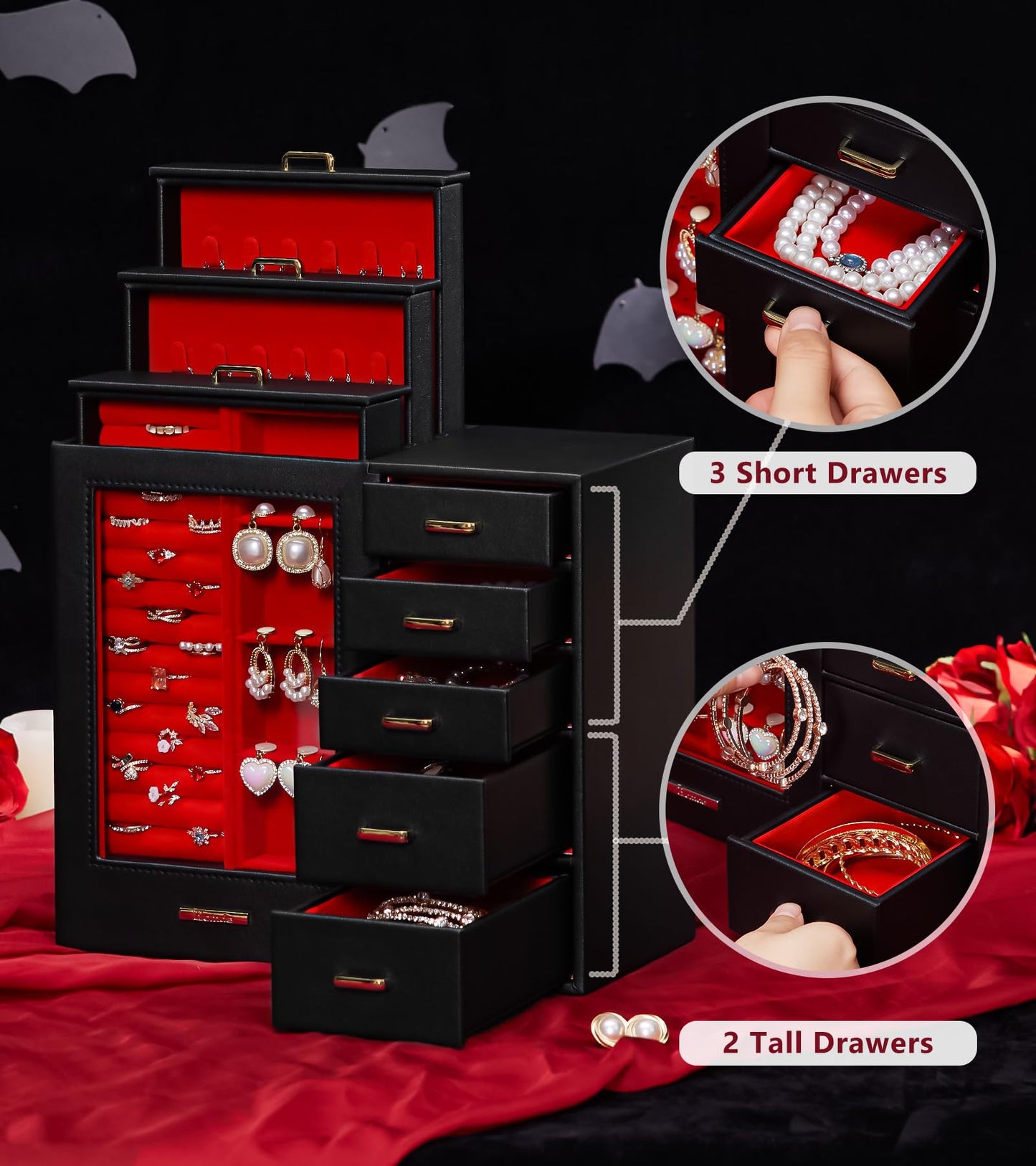 Homde Jewelry Organizer large for Dresser: Big Jewelry Box for Women - Holder with Drawers - Elegent Necklace Earring Ring Display Modern Gift (Black + Red+ Gold)