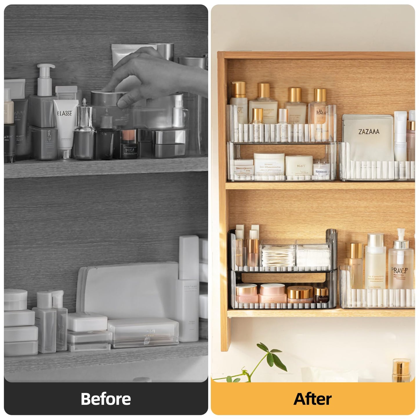 PAVSTINE 2-Tier Stackable Medicine Cabinet Organizer, Narrow Bathroom Makeup Organizer with Lipstick Holders & Cotton Swab Cases, Clear Countertop Shelf for Mirror Cabinet and Vanity