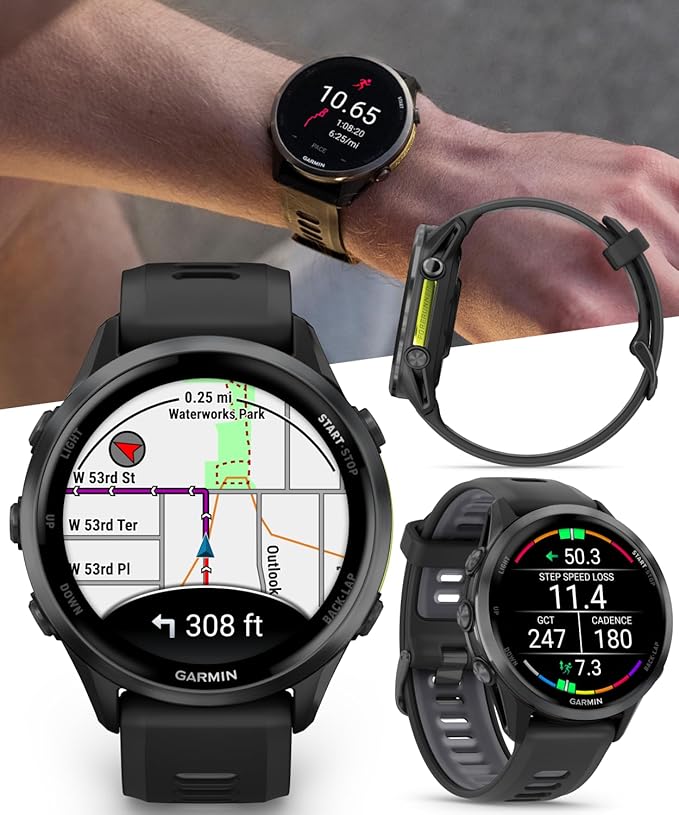 Wearable4U Garmin Forerunner 970 Carbon Gray DLC Titanium Smartwatch with Black Case and Black/Translucent Whitestone Band, AMOLED Display with Garmin HRM 600 S Power Bank Bundle