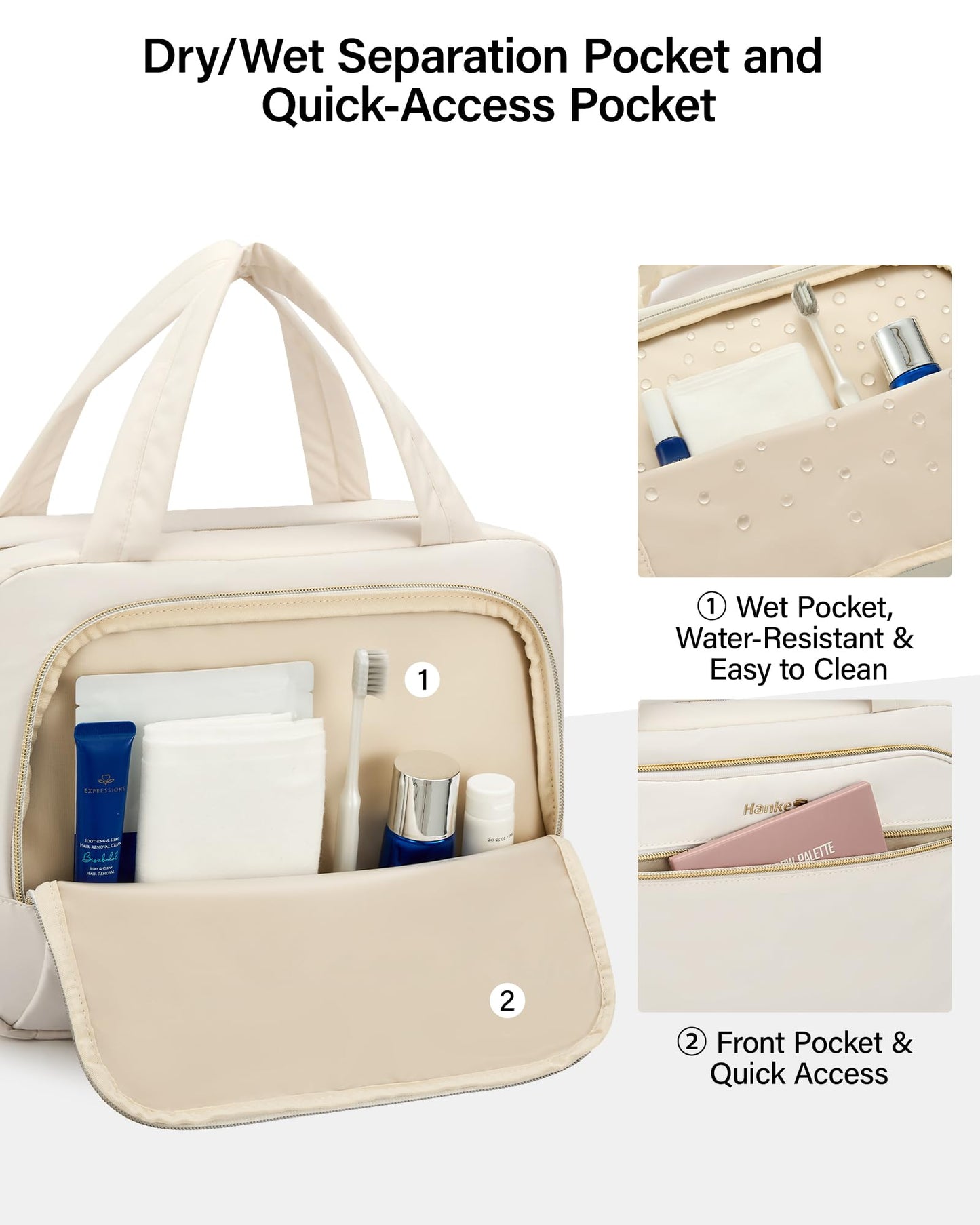 Hanke Hanging Travel Toiletry Bag for Women, Water-Resistant Makeup Organizer with Hook, Cosmetic Bag for Bathroom & Travel Essentials Accessories, Off White
