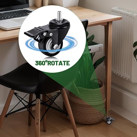 Set of 12 M8 Caster Wheels 2 Inch M8 x 25 mm Swivel Threaded Stem Caster Locking Standing Desk Wheels Heavy Duty 360° Polyurethane with Dual Brake, No Noise, 400 lb for Cart Desk Furniture