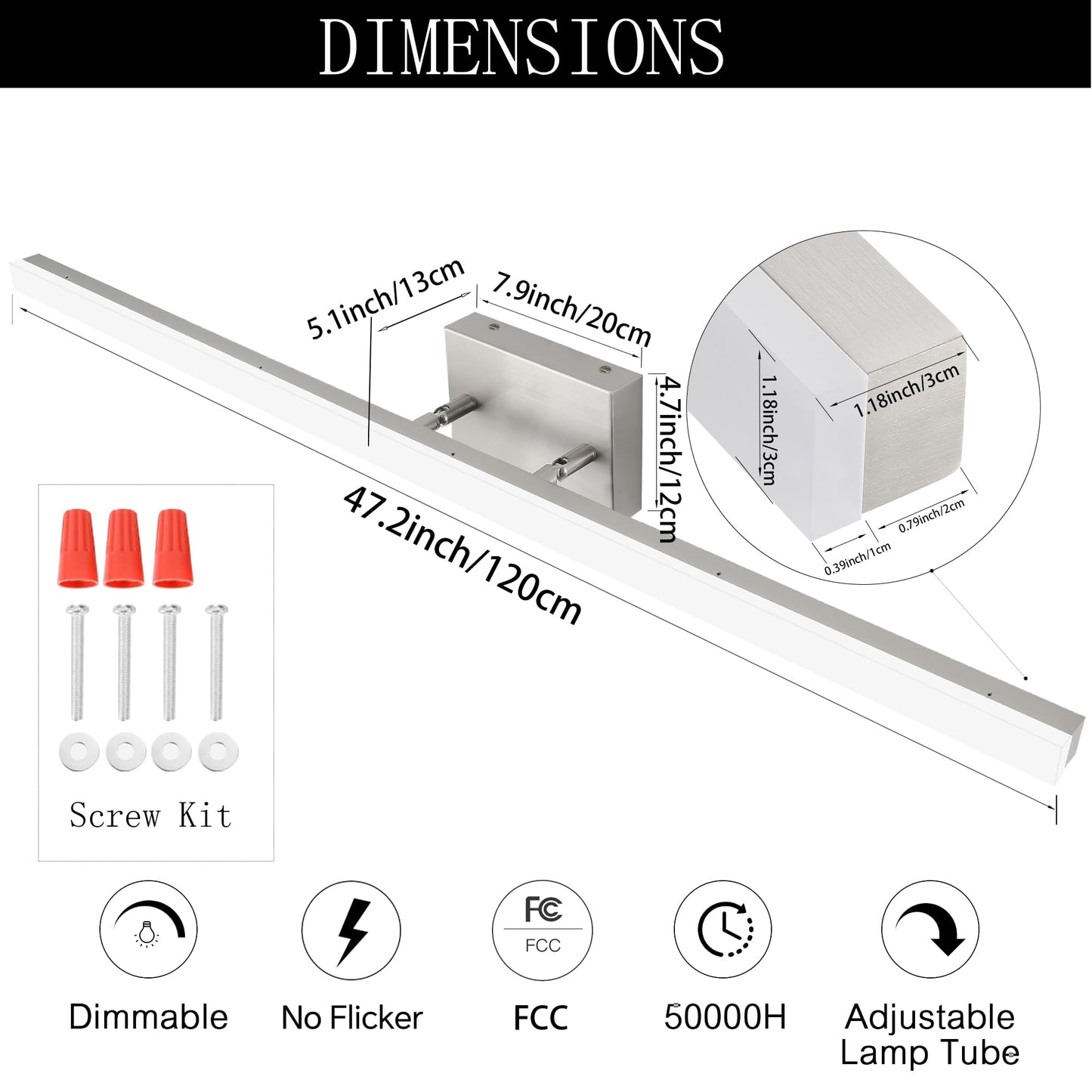 GOTEFULL 48 inch LED Modern Bathroom Vanity Lighting Fixtures Over Mirror, Brushed Nickel Adjustable Makeup Vanity Light Bar Dimmable 46W 5000K Cool White