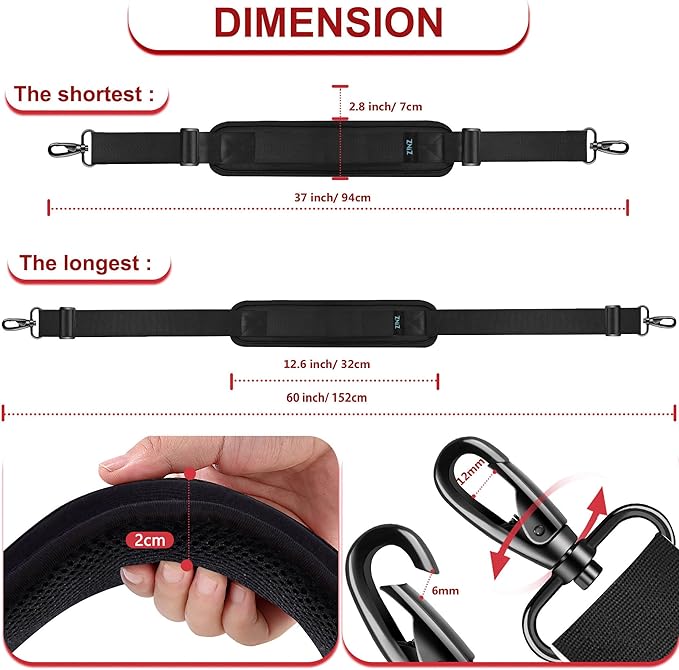 ZINZ 60" Universal Bag Strap with Ultra-Thick Fixed Breathable Pad Adjustable Heavy-Duty Shoulder Strap for Laptop Bag Crossbody Luggage Gym Bag Camera Bag and More -B01K01
