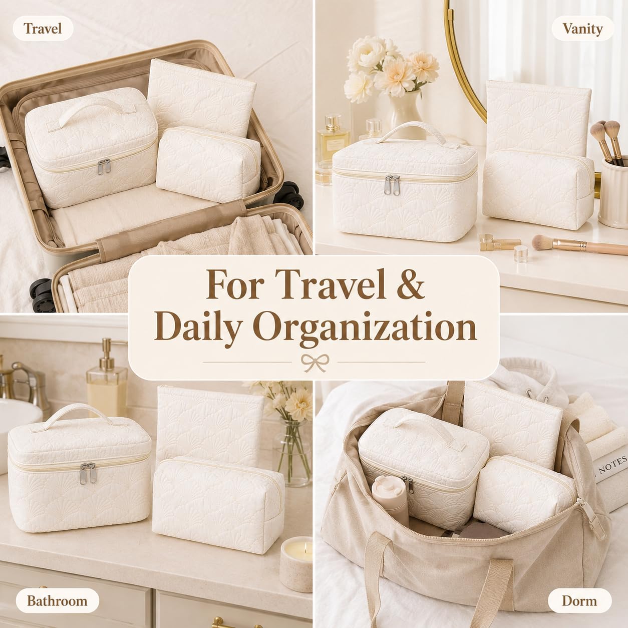 A Lots MiLi 3 Pcs White Shell Quilted Makeup Bag Set - Coquette Cotton Cosmetic Bags for Women, Coastal Makeup Pouch, Large Travel Toiletry Bag for Makeup, Skincare and Purse Essentials