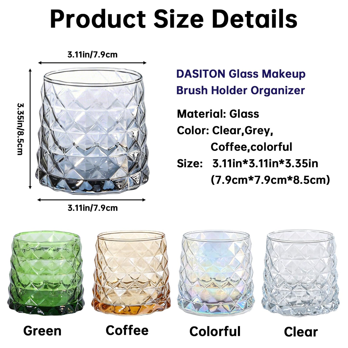 DASITON Glass Makeup Brush Holder Organizer, Diamond Pattern Cosmetic Storage Cup, Makeup Organizer for Vanity, Bathroom Countertop Toothbrush Holder, Desk Pen Pencil Holder (Grey)
