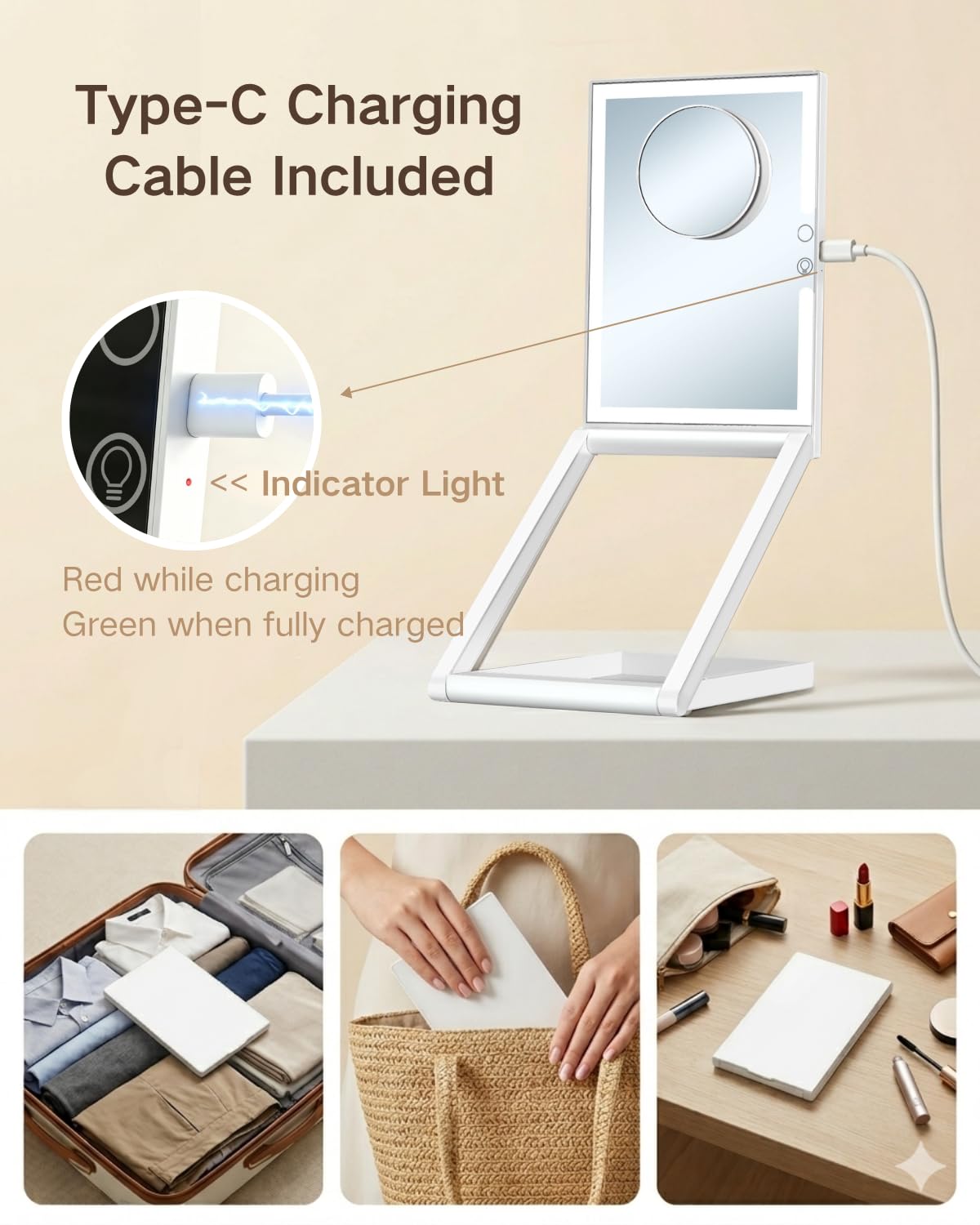 TOLOYE Makeup Mirror with Lights and Magnification 10X, Foldable Rechargeable Travel Led Makeup Mirror with Adjustable Stand, 3 Color Lights Stepless Dimming, Gifts for Women Wife Mom