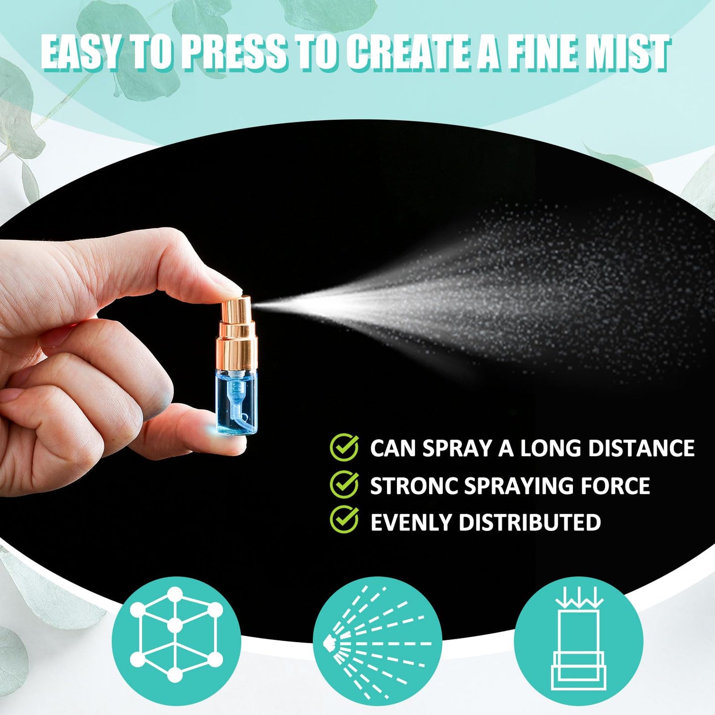 Zhehao 50 Pcs Mini Spray Bottles 2 ml Clear Glass Perfume Bottles Refillable Fine Mist Perfume Atomizer Portable Empty Sample Containers for Cleaning, Essential Oils, Travel (Gold Cap)