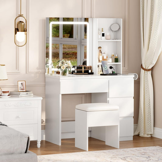 Garvee Makeup Vanity Desk with Lighted Mirror, Dressing Table Set with 4 Drawers, Power Outlet, Storage Stool, Storage Shelves, Vanity Mirror 3 Lighting Color Adjustable, Vanity Set for Bedroom, White