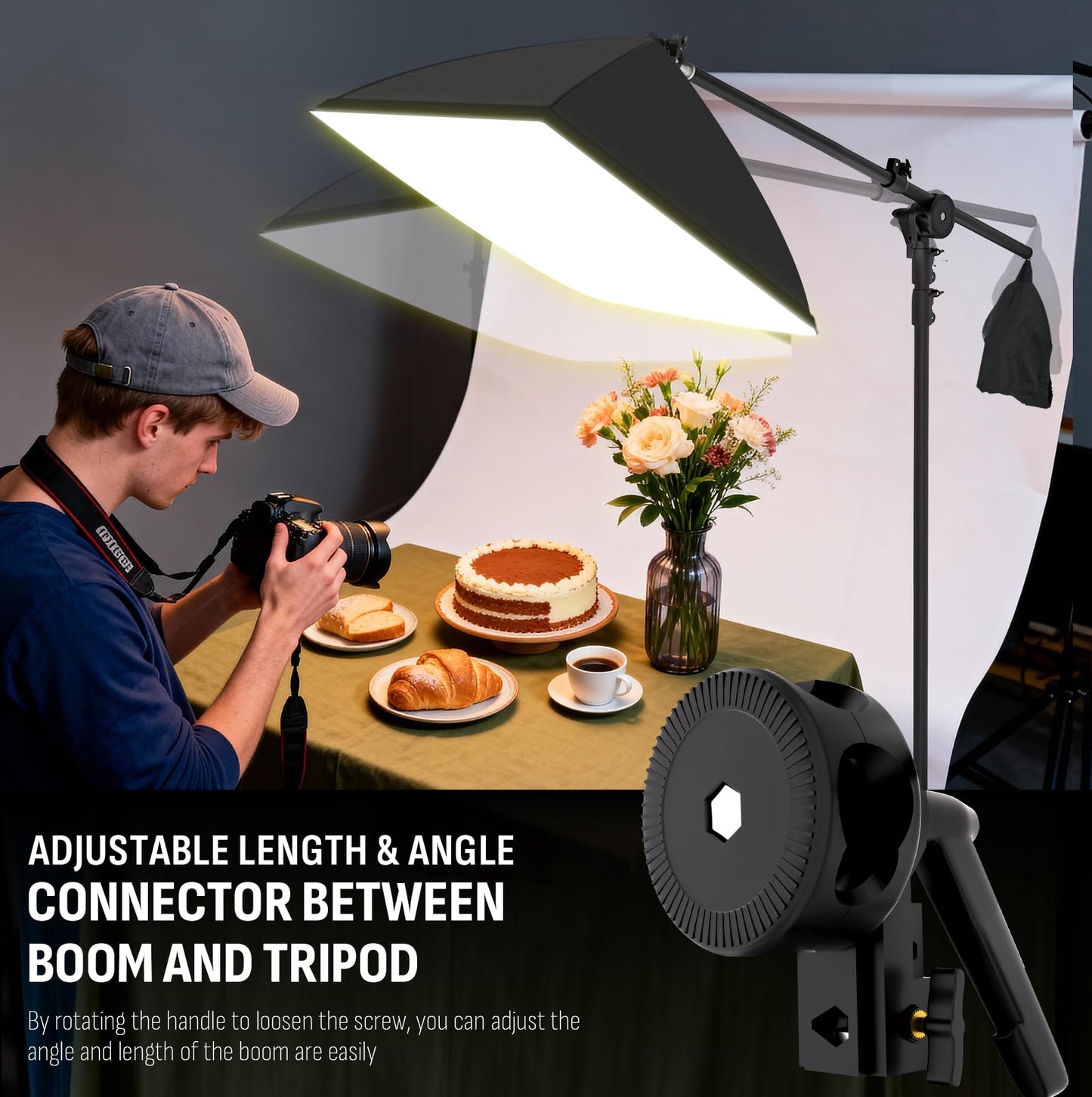NiceVeedi 85W Photography Lighting, 2-Pack 20'' x 28'' Professional Softbox Lighting Kit with 53'' Boom Arm & 91'' Tripod Stand, Remote Control, Studio Lights for Live Streaming/Portrait/Photography