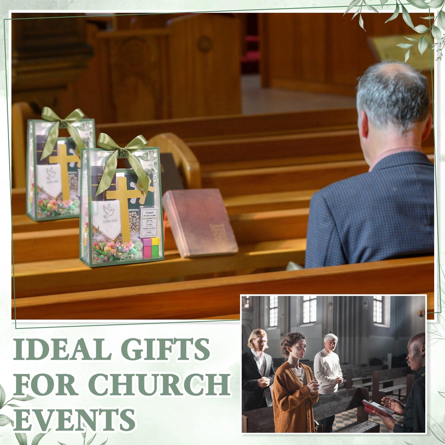 Gilprop 20 Pcs Religious Baptism Party Favor Bags Clear Gift Bags with Handles Ribbon for First Communion, Gold Cross Religious Christening Church Christian Baptism Supplies, 10 x 7 Inch (Green)