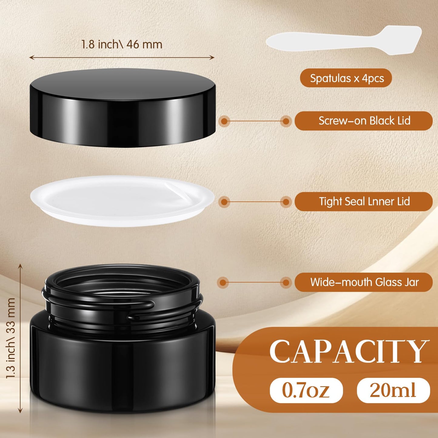 Honeydak 24 Pack 0.7oz Glass Jars with Lids Airtight Cosmetic Containers Reusable Empty Tiny Cosmetic Jars for Lip Balm Lotion Cream Sample Wax Salve Ointments, Travel Size, Light-blocking (Black)