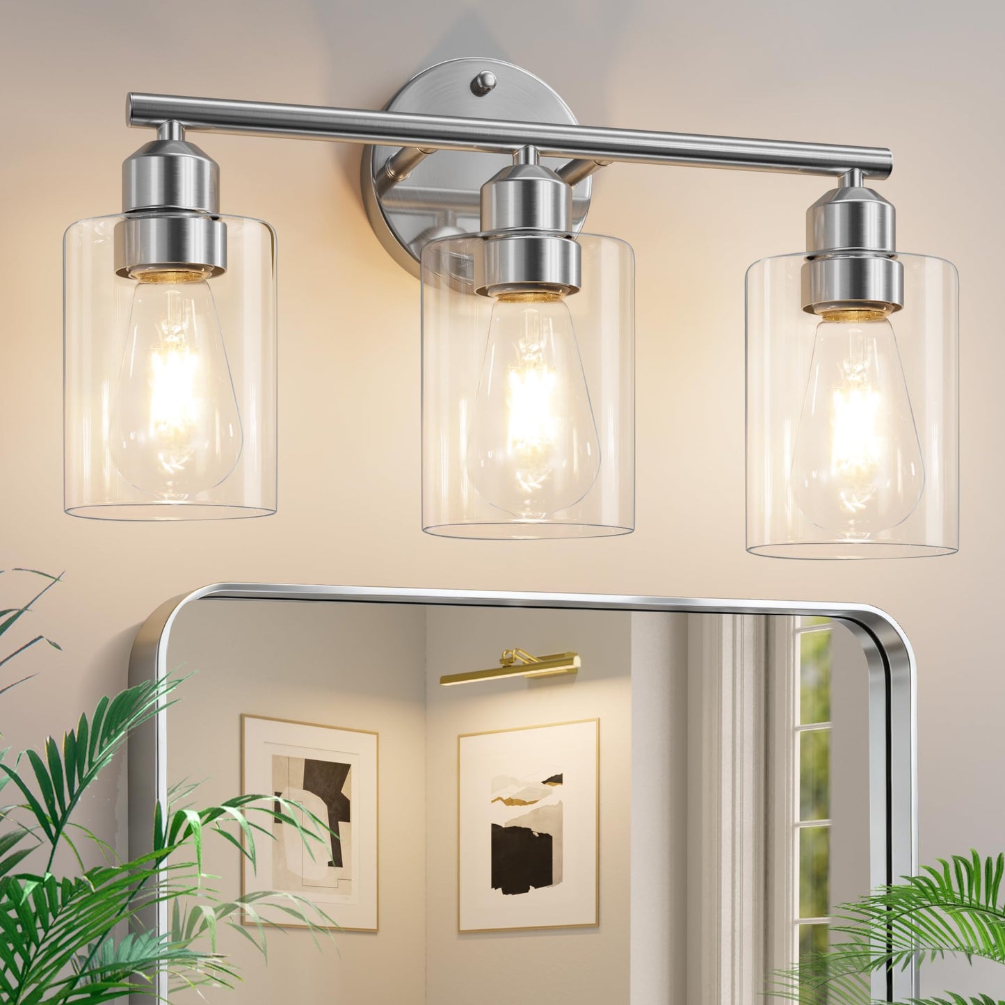 Percantis 3-Light Bathroom Vanity Light Fixture, Modern Wall Lamp for Mirror with Clear Glass Shade, Silver Finish