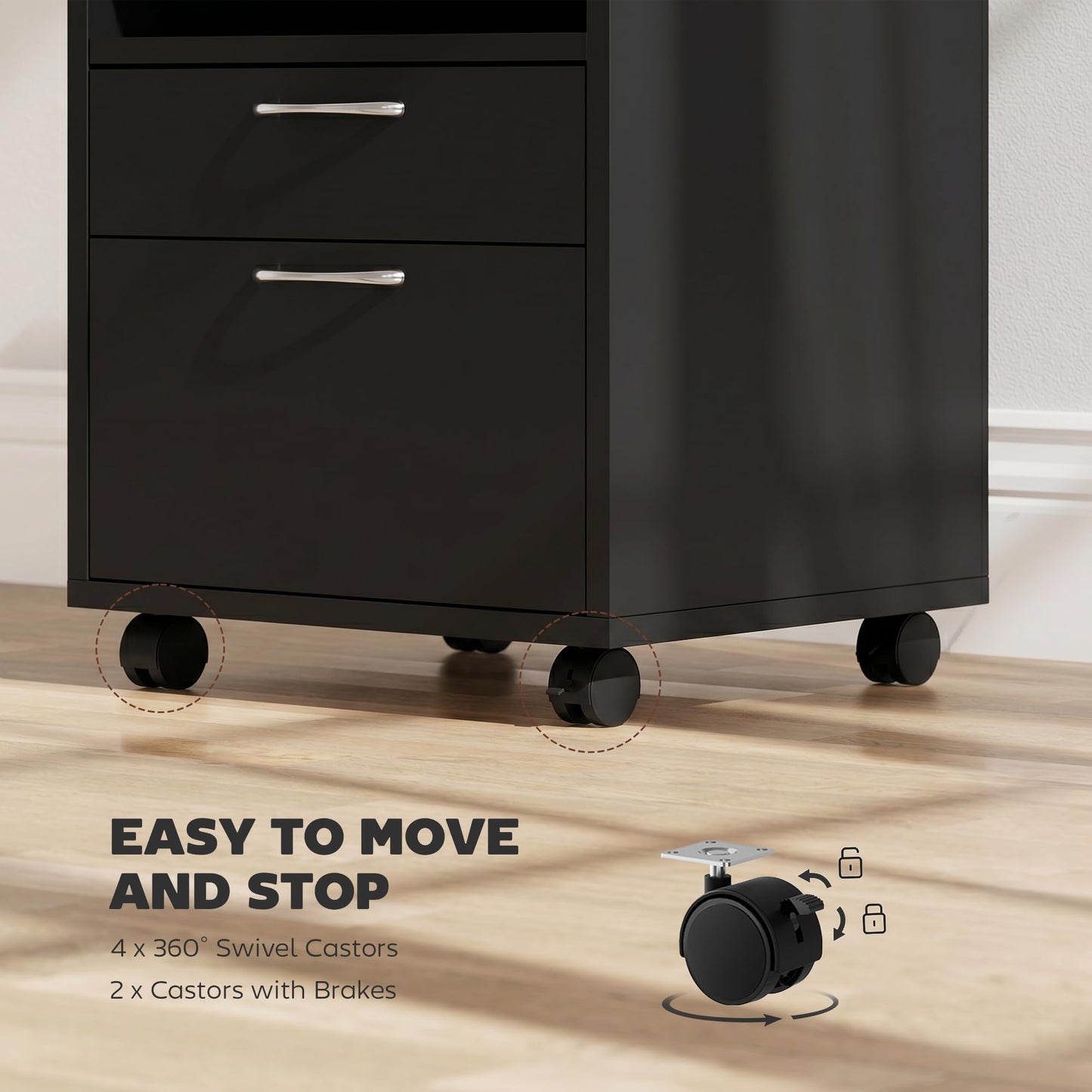 HOMCOM Mobile Storage Cabinet Organizer with Drawer and Cabinet, Printer Stand with Castors, Black