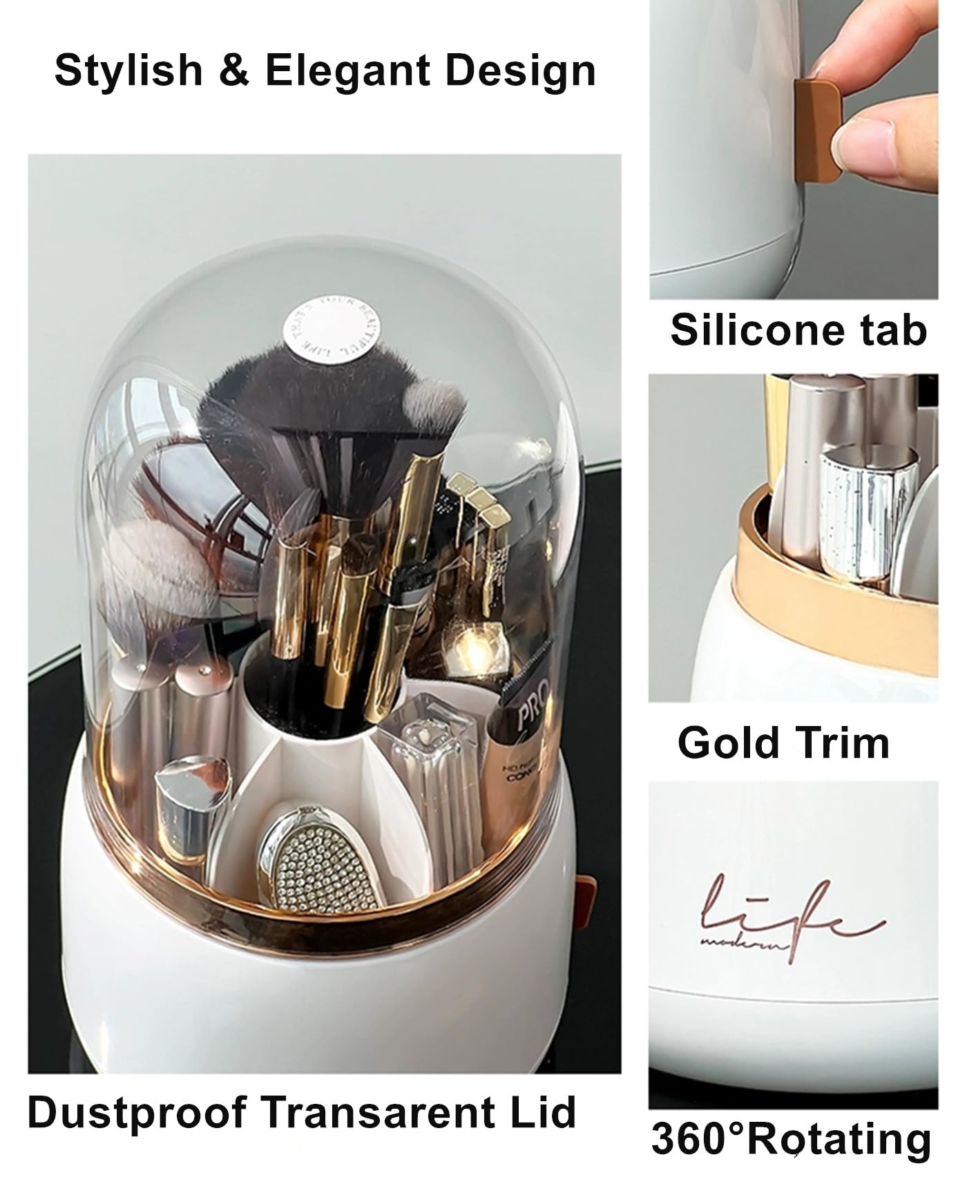 YZEASYPINK 360 Rotating Makeup Brush Holder with Lid,Clear Dustproof Make Up Organizers for Vanity Countertop,Includes a Foldable Bowl for Cleaning Makeup Brush,Transparent, Dustproof-Green