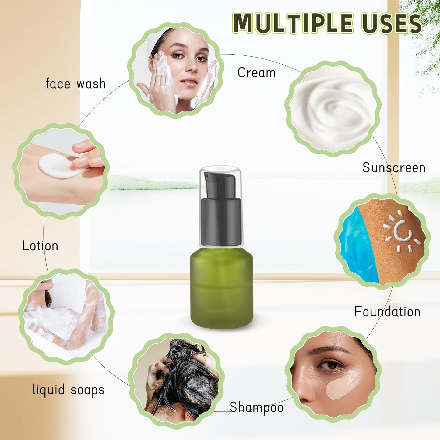 6 Pcs Empty Glass Pump Bottles Refillable Cream Lotion Bottles Travel Sample Bottle Cosmetic Dispenser Bottle Containers For Lotion Cream Emulsion Essence (Green, 15ml/0.5oz)