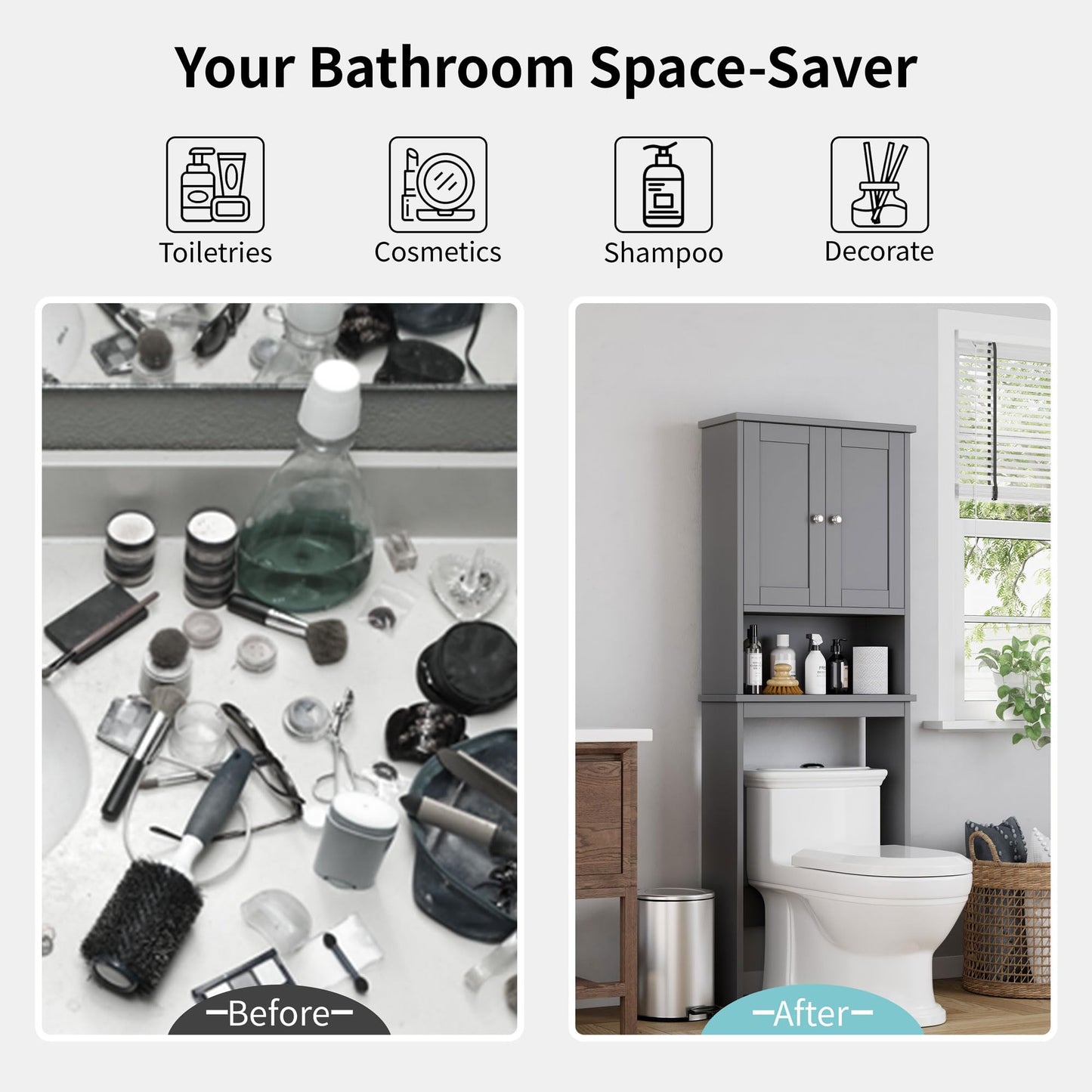 Shintenchi Over the Toilet Storage Cabinet, Bathroom Shelf Organizer with Anti-Tip Device Small Freestanding Space Saver with Adjustable Shelf, Gray