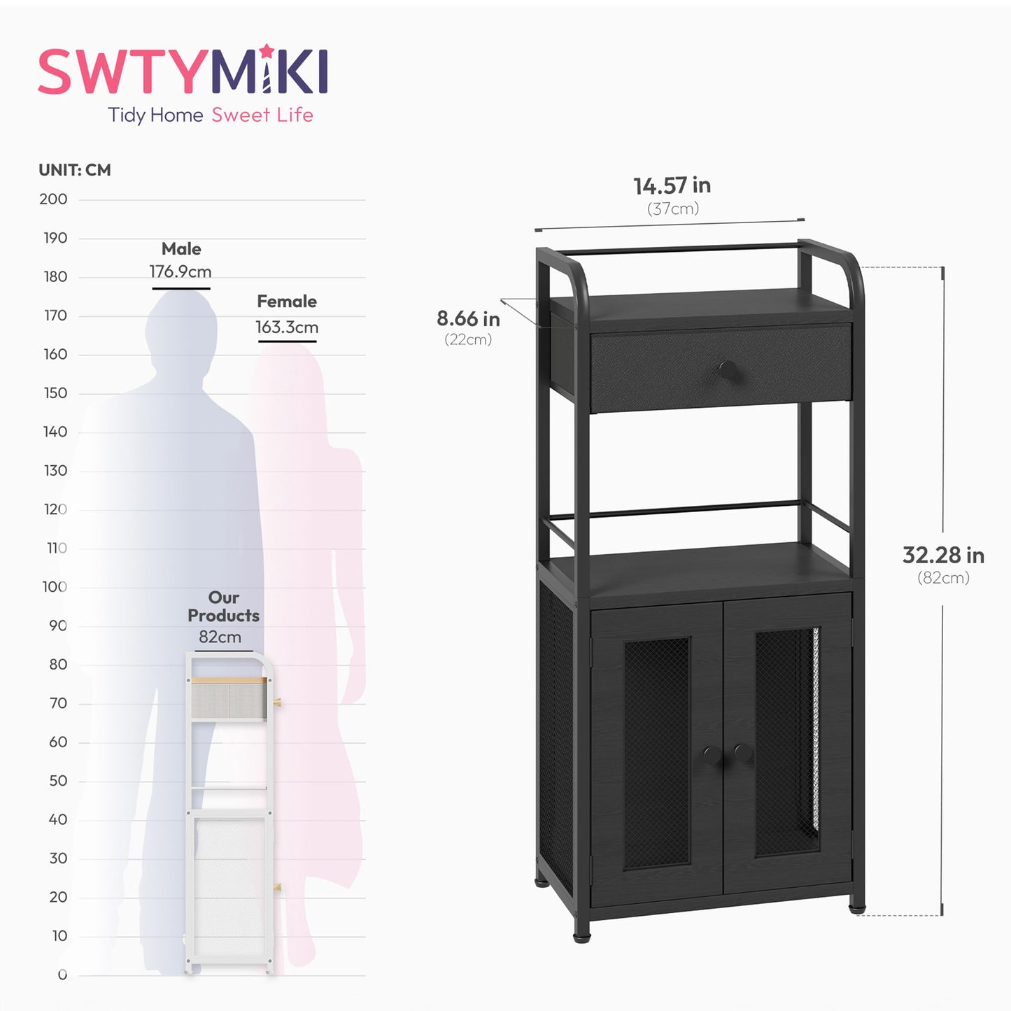 SWTYMIKI 14.57"x32.28" Bathroom Storage Cabinet – Freestanding Toilet Paper Storage with Doors & Drawer, Bathroom Organizers and Storage for Small Spaces, Laundry Room, Ideal for Towels, Black