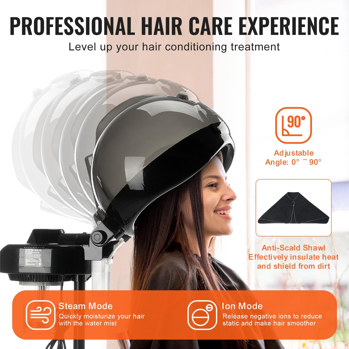 VEVOR Standing Hair Steamer for Deep Conditioning, Professional 11.81-inch Hooded Ionic Hair Steamer with 2 Modes, Height-Adjustable Hair Steamer with Timer, 5 Wheels (2 Lockable) for Home Salon Use