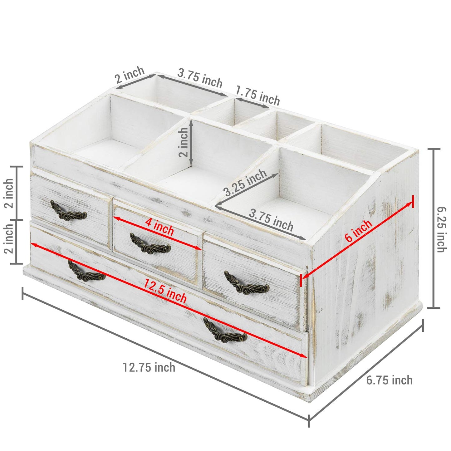 MyGift 7-Compartment Shabby Whitewashed Solid Wood Jewelry/Cosmetics Vanity Organizer Rack with 4 Vintage Storage Drawers