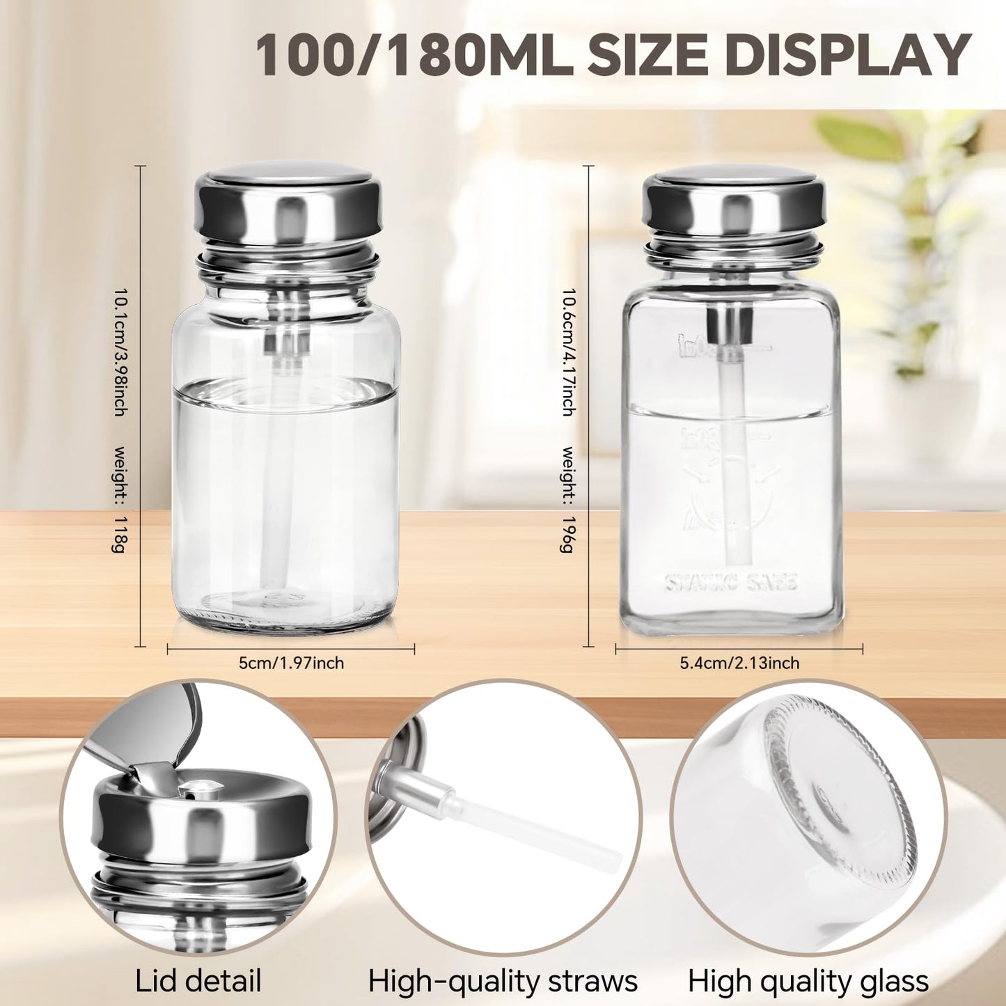 2 Pcs Clear Pump Dispenser Bottles (180ml/6Oz + 100ml), Glass Push Down Liquid Dispenser with Metal Flip Cover, Refillable Press Container for Nail Polish Remover, Makeup Remover & Lotion