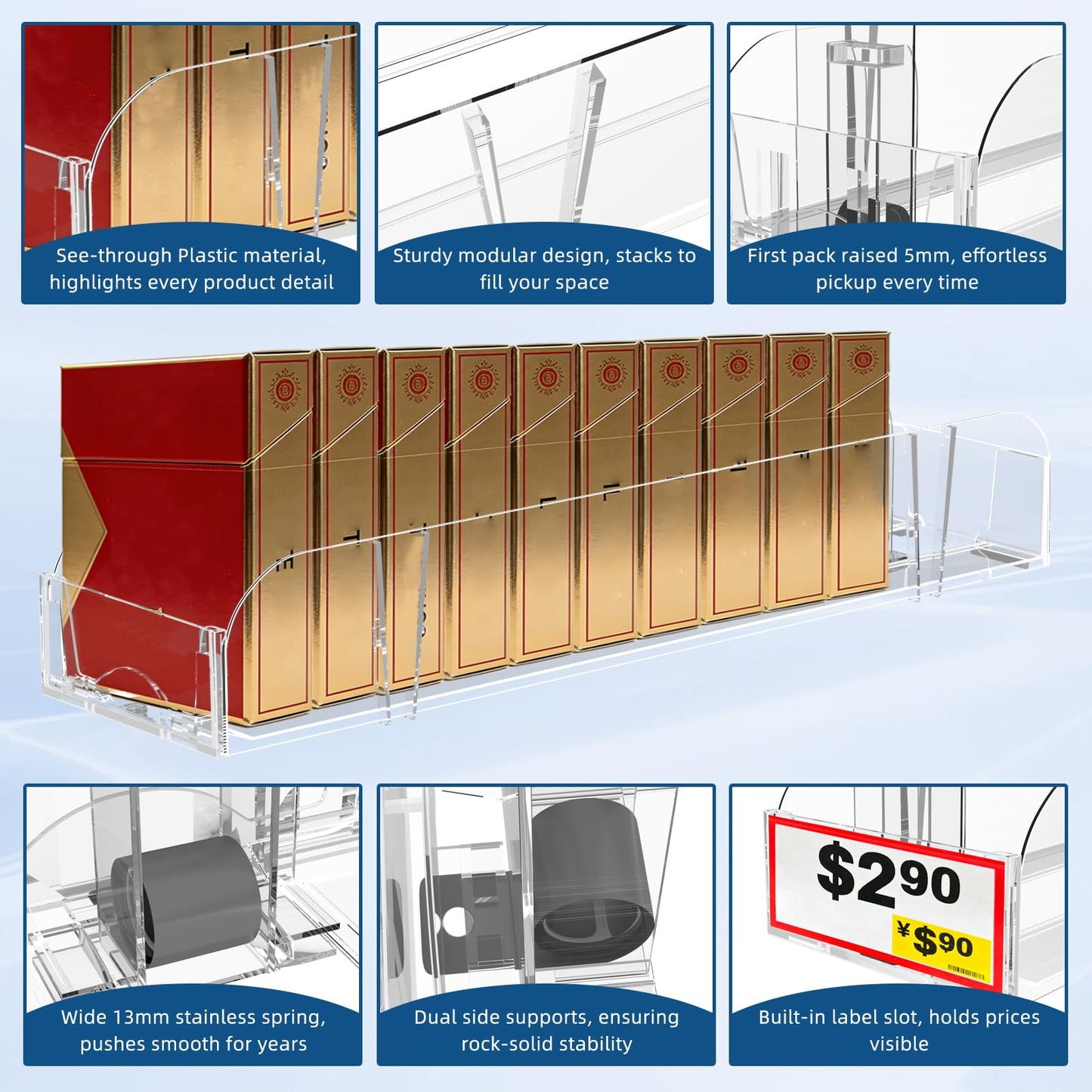 10 Pack Automatic Pusher Display Rack, Store Display Shelf and Case Stand, Space Saving Organizer for Retail Stores and Supermarkets