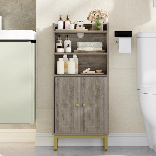 Hzuaneri Bathroom Storage Cabinet, Small Floor Cabinet with 2 Door and Shelves, Toilet Paper Cabinets, Bathroom Organizer with Adjustable Shelf, for Small Spaces Greige,Arch Door,7.1" Dx14.6 Wx32.7 H