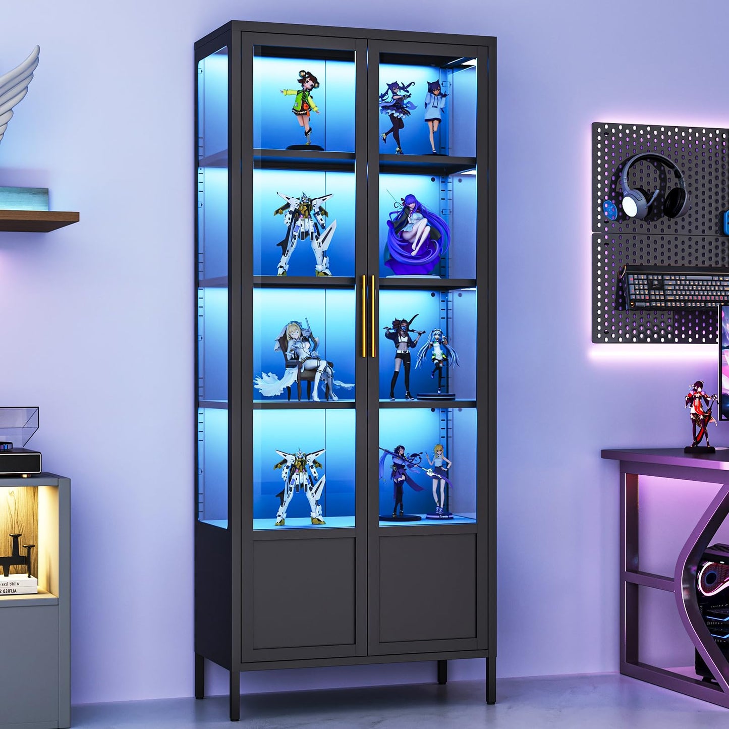 WOOW DEPOT 5-Tier Glass Display Cabinet with 13 Color Lights, 67" H Lighted Curio China Cabinet with 2 Glass Doors & Adjustable Shelves, Tall Metal Storage Cabinet Display Case for Collectibles,Black