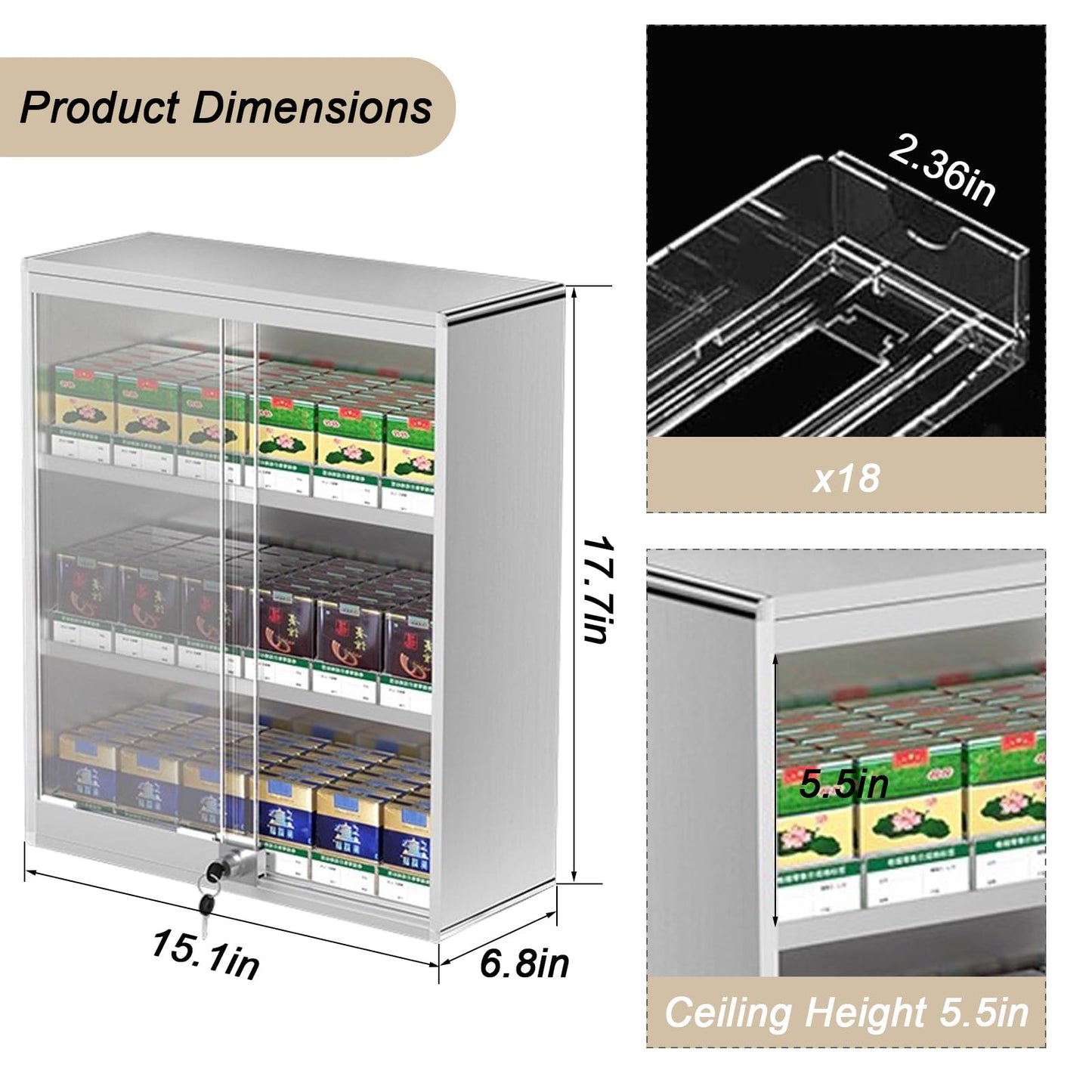 QJSZMEI Cigarette Rack with Lock Sliding Doors (Silver, 15.1x6.8x17.7in)