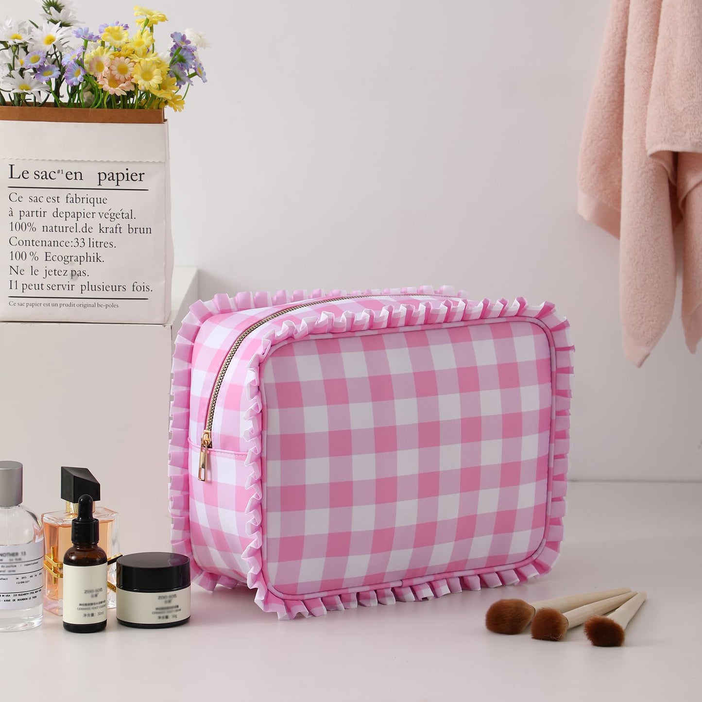EMBRUNIOICE Gingham Ruffle Makeup Bag,Large Travel Cute Cosmetic Bag for Women Girls,Toiletry Bag Make up Organizer 10.8 x 4.5 x 8 inch (Pink Gingham)