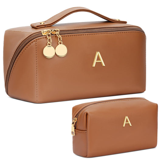 CLOUDWINGS Birthday Gifts for Women Teen Girl, Personalized Initial Makeup Organizer Bag Set, Open Flat Travel Cosmetic Bag With Clear Divider and Handle(Brown,A)