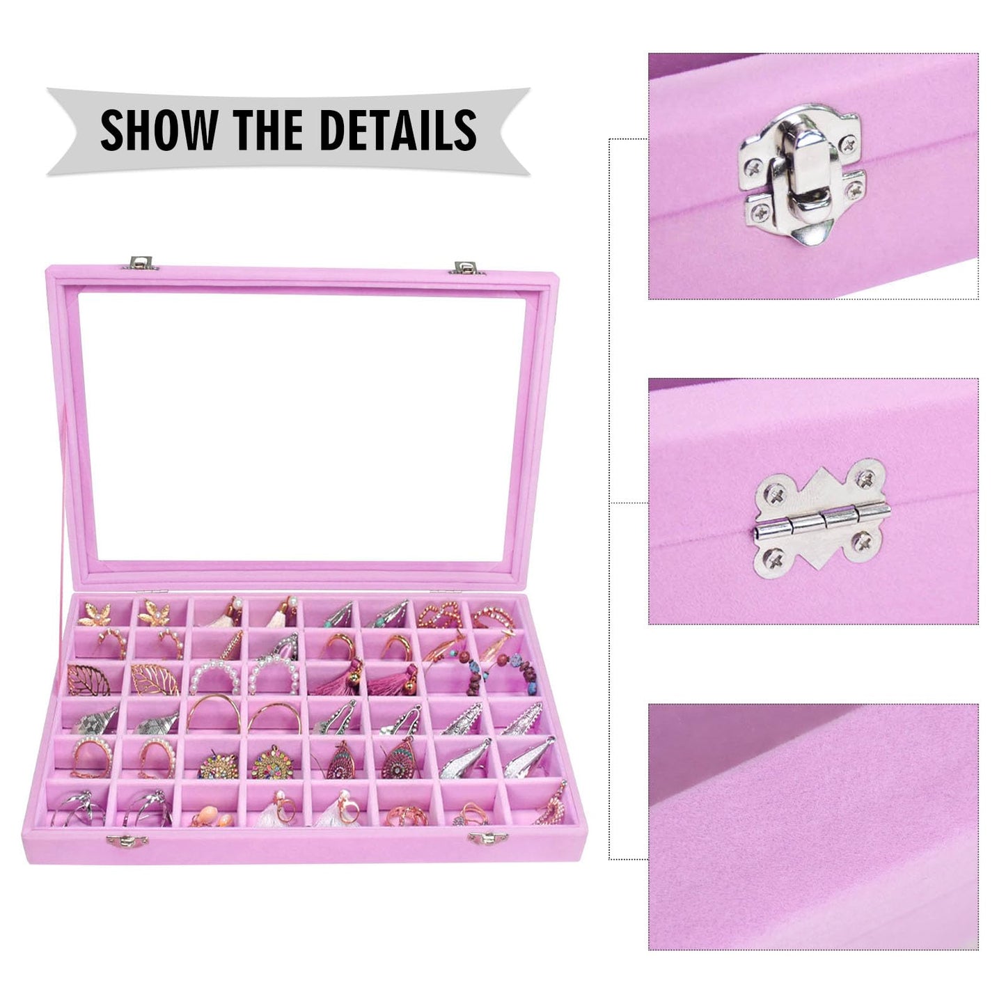 Siveit Velvet Jewelry Tray 48 Grid Jewelry Display Tray Organizer Box with Transparent Lid Rings Earrings Necklaces Pendants Display Box Suitable for Women and Girls (Pink)