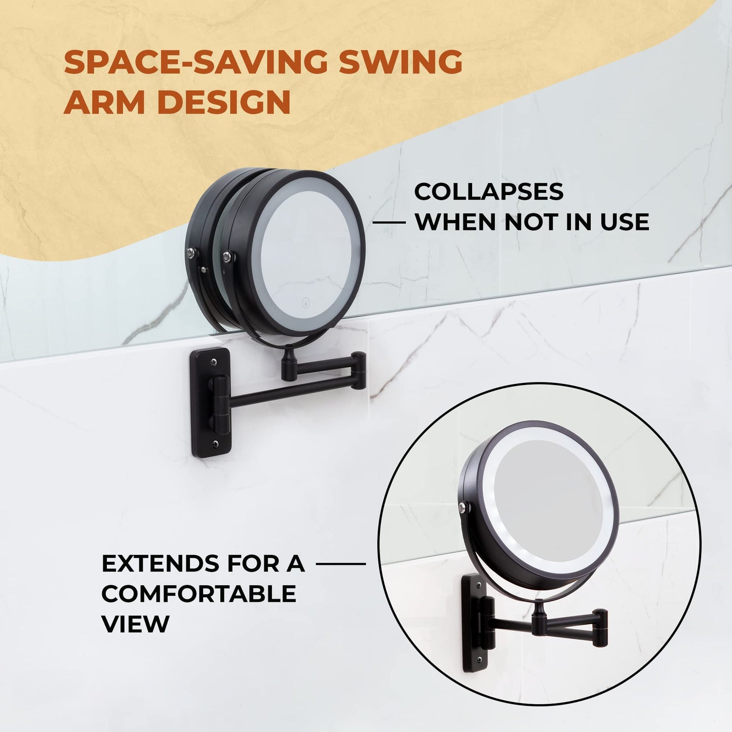 Wall Mounted Lighted Makeup Mirror - Swing Arm Vanity Mirror with Lights and 10X Magnification for Bathroom - Includes Rechargeable LED Cable and Instruction Manual
