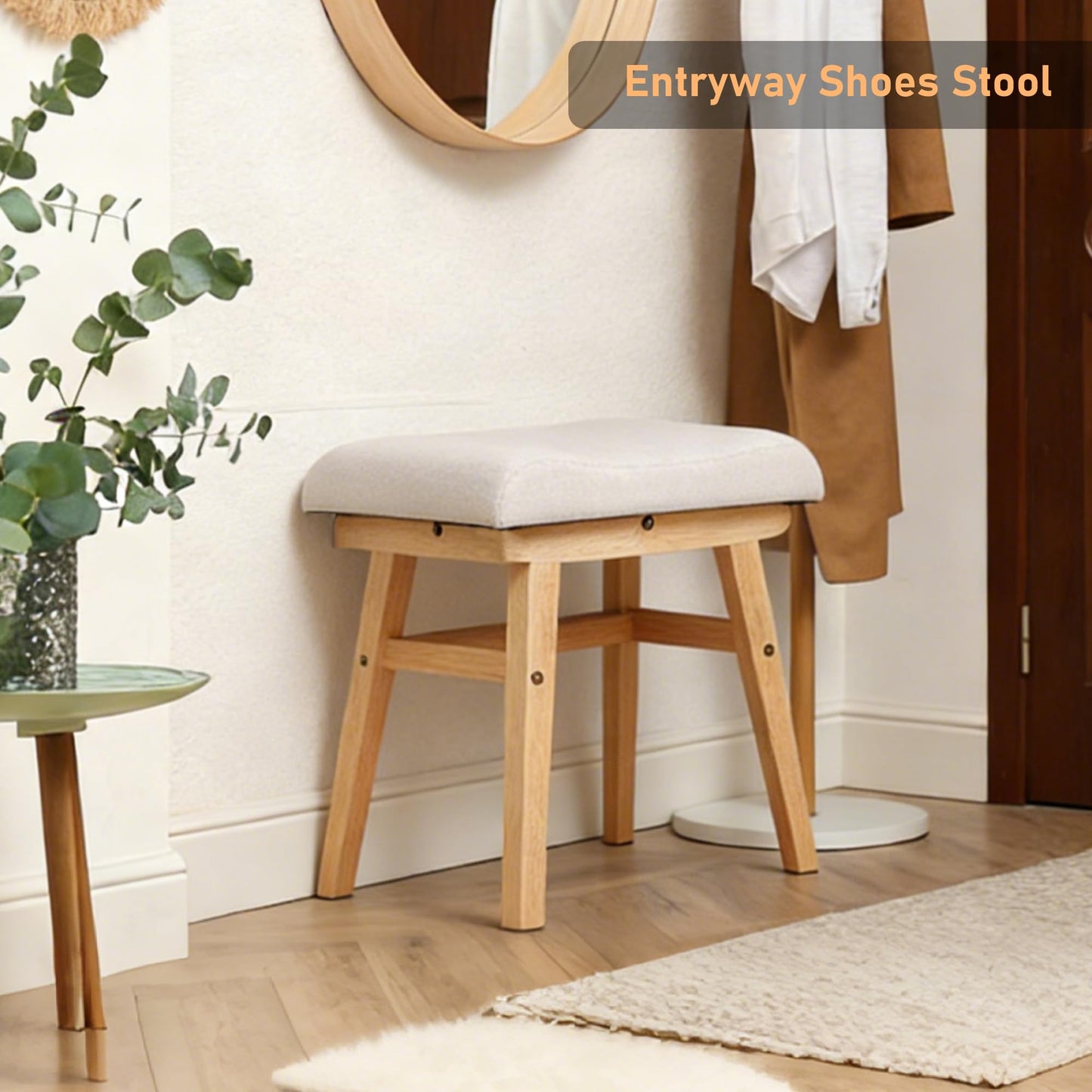 AurnaGle Wood Vanity Stool Chair,17.7 Inch Compact Makeup Chairs with Saddle Cushion, Linen-Covered High Rebound Sponge Seat, Easy Assembly Footstool for Bedroom, Entryway, Home, Walnut Ottomans