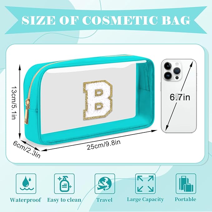 Personalized Initial Letter Clear Makeup Bag,Preppy Small Nylon&PVC Cosmetic Zipper Bag with Chenille Letter,Portable Beach Travel Skincare Toiletry Bag,Trendy Monogram Gift for Teen Girls Women,B