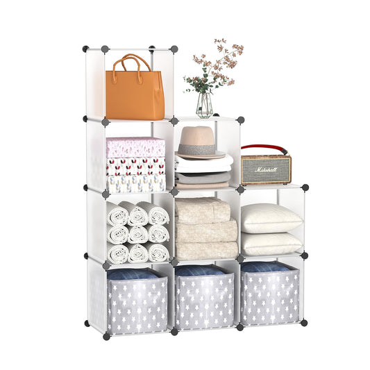 C&AHOME Cube Storage, 9-Cube Plastic Closet Cabinet Organizer, DIY Stackable Bookshelf, Modular shelving Units Ideal for Home, Office, Kids Room, 36.6"L x 12.4" W x 48.4" H Translucent White SBTM3009A