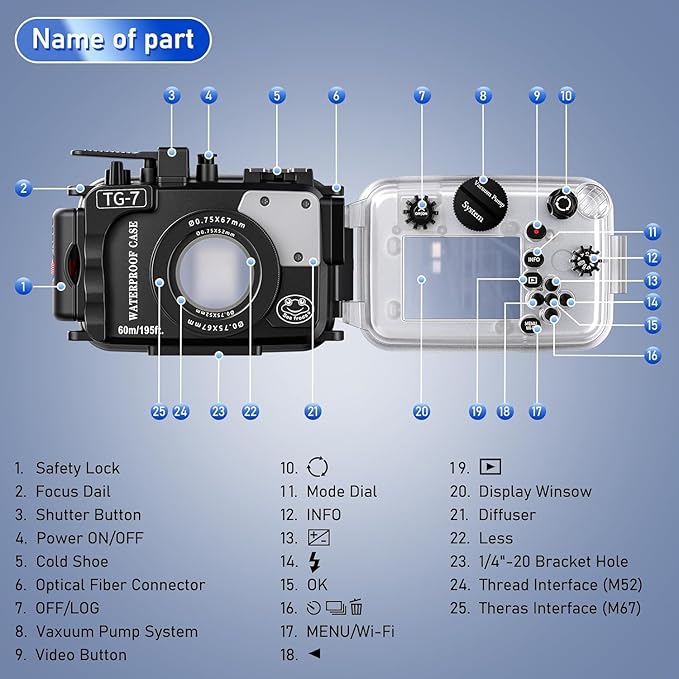 Sea frogs Camera Housing Compatible with Olympus TG7 with Wide-Angle Lens and Red Filter, Waterproof IPX8 Rated, 60m/197ft Depth Protection Underwater Camera Case, Black