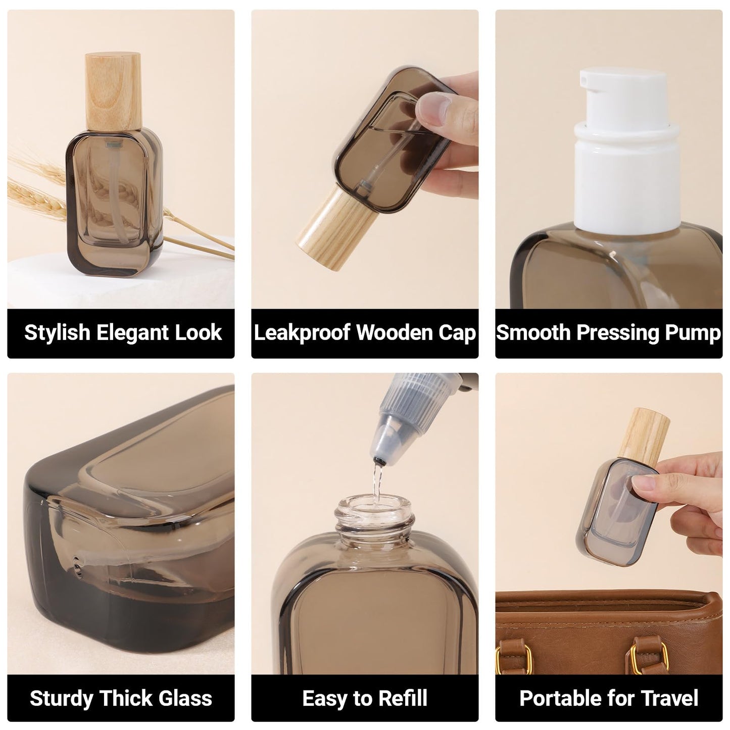 Segbeauty 1oz Glass Pump Bottle Dispenser Empty for Moisturizer, 2pcs Mini Travel Bottles Refillable, 30ml Glass Travel Containers for Cream Foundation Oils, Black Small Lotion Bottle with Pump