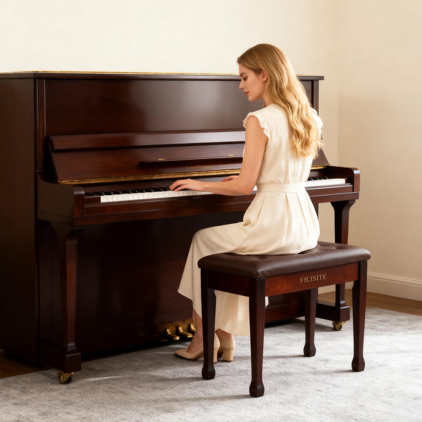 FILISITE Wooden Piano Bench with Storage, Piano Stool with Waterproof Padded Cushion, Bench Seat for Vanity, Living Room, Bedroom (Brown)