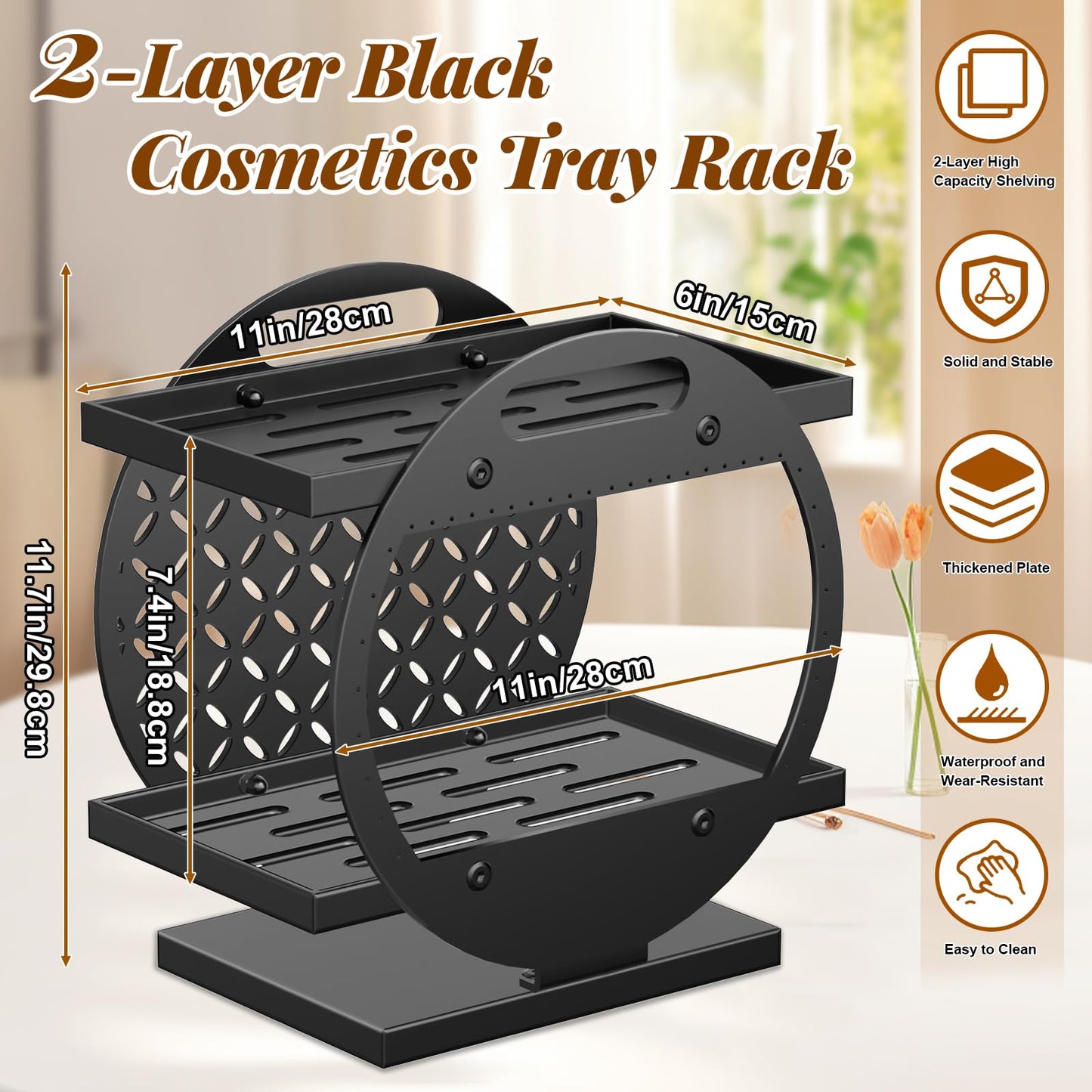Gouisalin Makeup Organizer for Vanity, 2-Tier Black Perfume Stand Organizer for Dresser, Bathroom Countertop Organizers Bathroom Counter Shelf Skincare Holder Storage Tray Cosmetic Display Rack