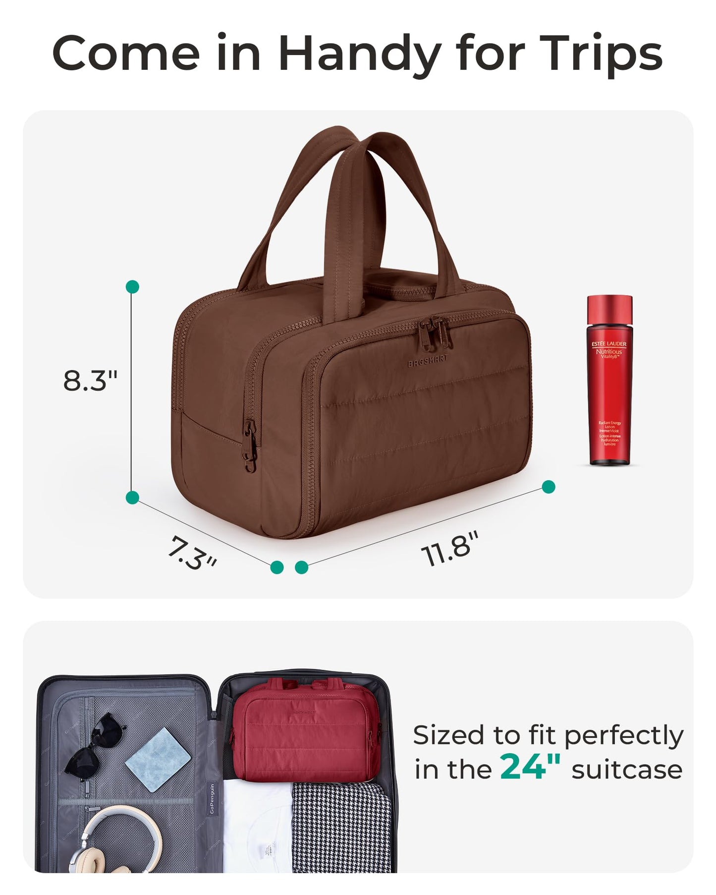 BAGSMART Travel Toiletry Bag, Puffy Toiletry Bag for Women, Wide-open toiletry bags for traveling, Large Travel Cosmetic Makeup Bag Organizer for Accessories,Toiletrie (Coffee Brown)