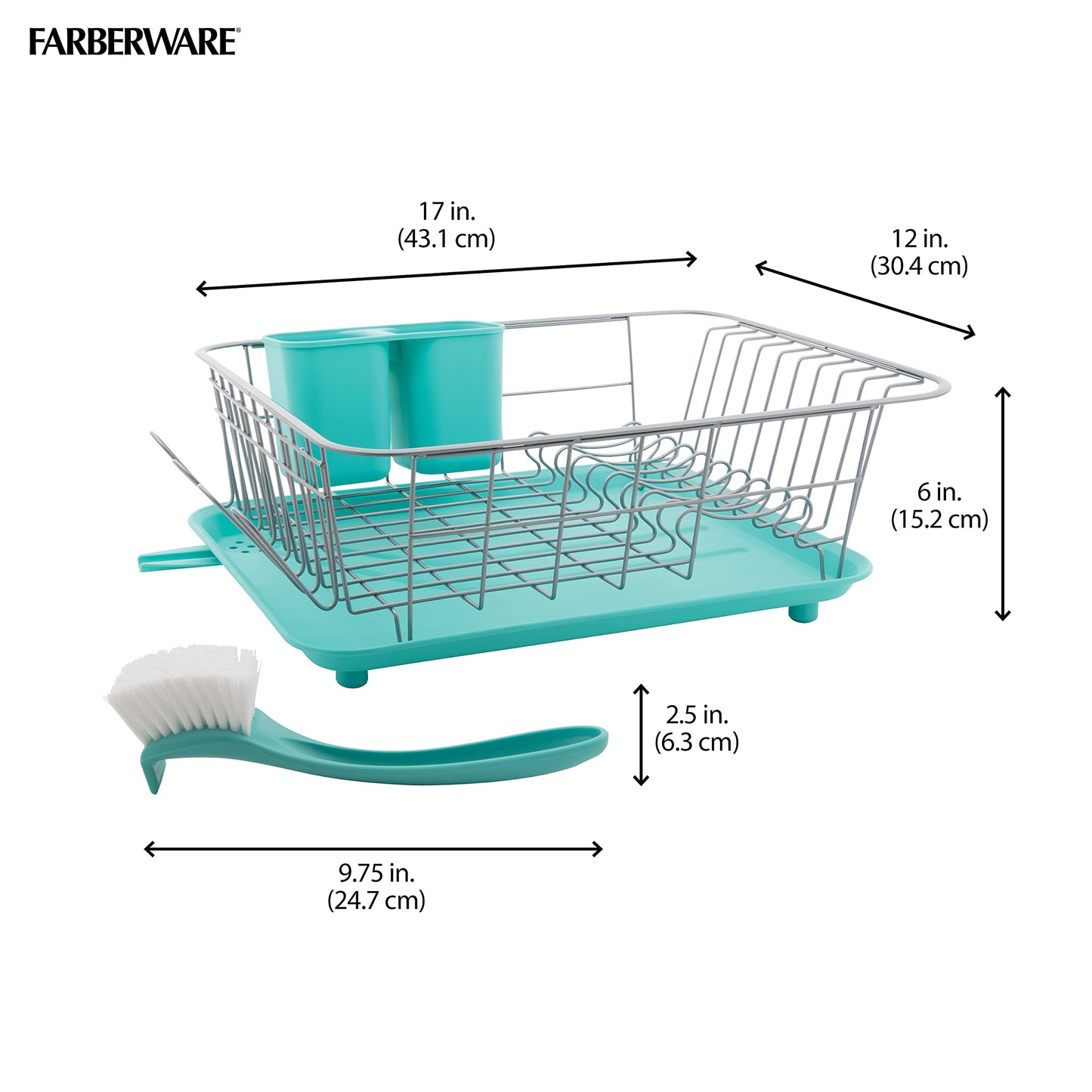 Farberware Compact Dish Drying Rack with Drainboard, Flatware Caddy and Sink Brush, Teal - Holds 9 Plates, Fits Small Kitchens, Apartments and Dorms