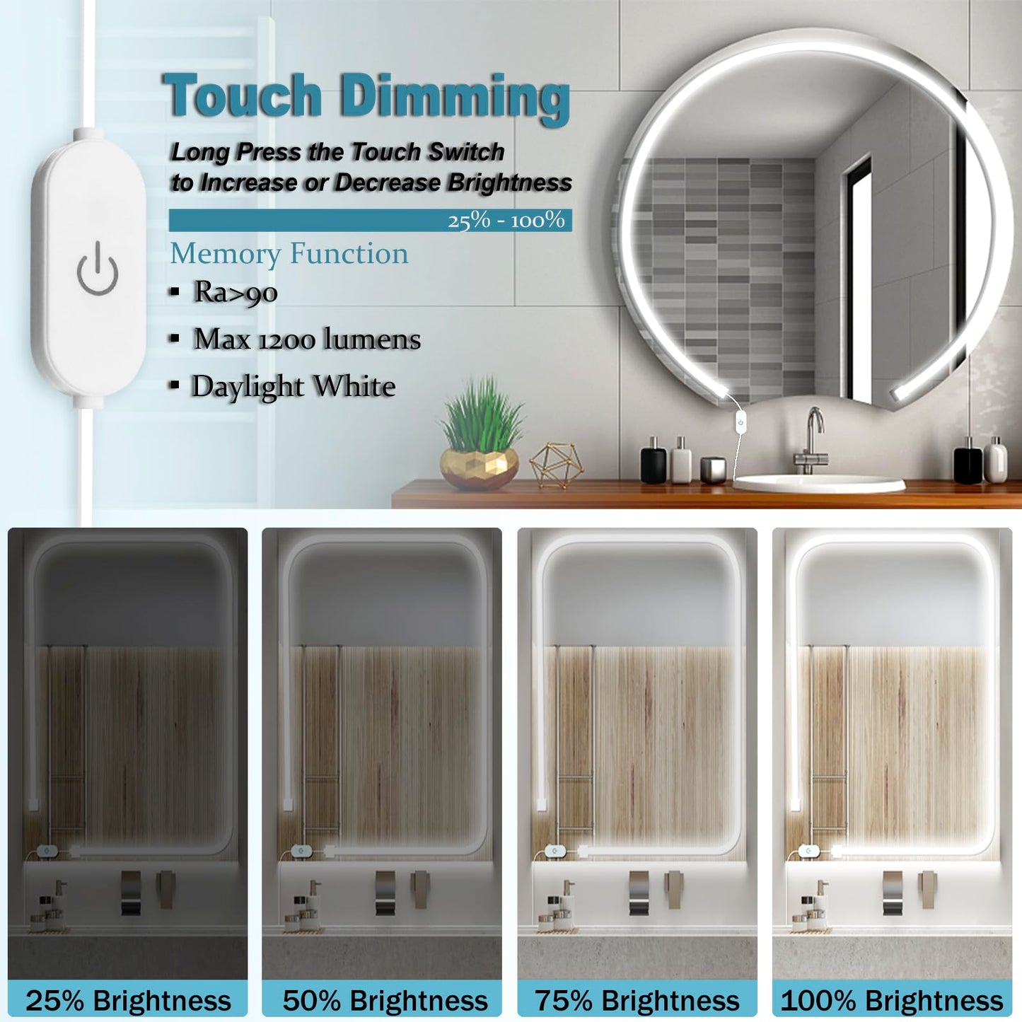 Blikshin LED Vanity Mirror Lights, Hollywood Style Makeup Lighting, 10FT/6000K/Dimmable/12V Adapter/Self-Adhesive Strip Lights for Mirror, Lighting for Makeup Vanity Table & Bathroom Mirror