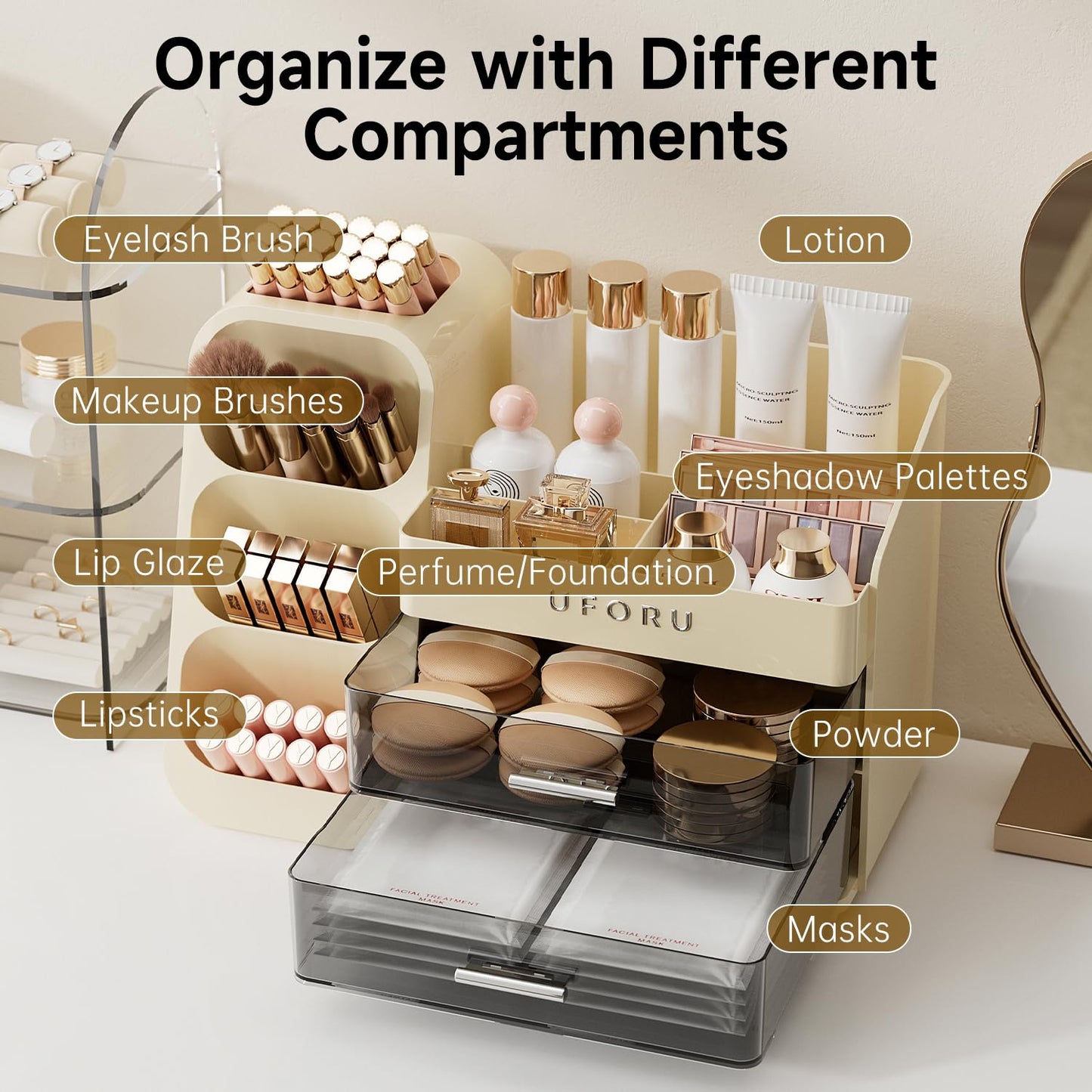 UFORU Makeup Organizer for Vanity with Brush Holder, Large Capacity Bathroom Countertop Skincare Organizer with 2 Drawers, Cosmetic Display Case for Perfumes, Eyeshadow Palettes, Nail Polishes