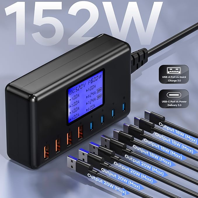 152W Charging Station, 8-Port Desktop USB-C & USB-A Charger Hub, 20W 4xUSB-C & 18W 4xUSB-A, Compatible With iPhone 15/14/13 Pro/Max, iPad, Samsung Galaxy Note S23