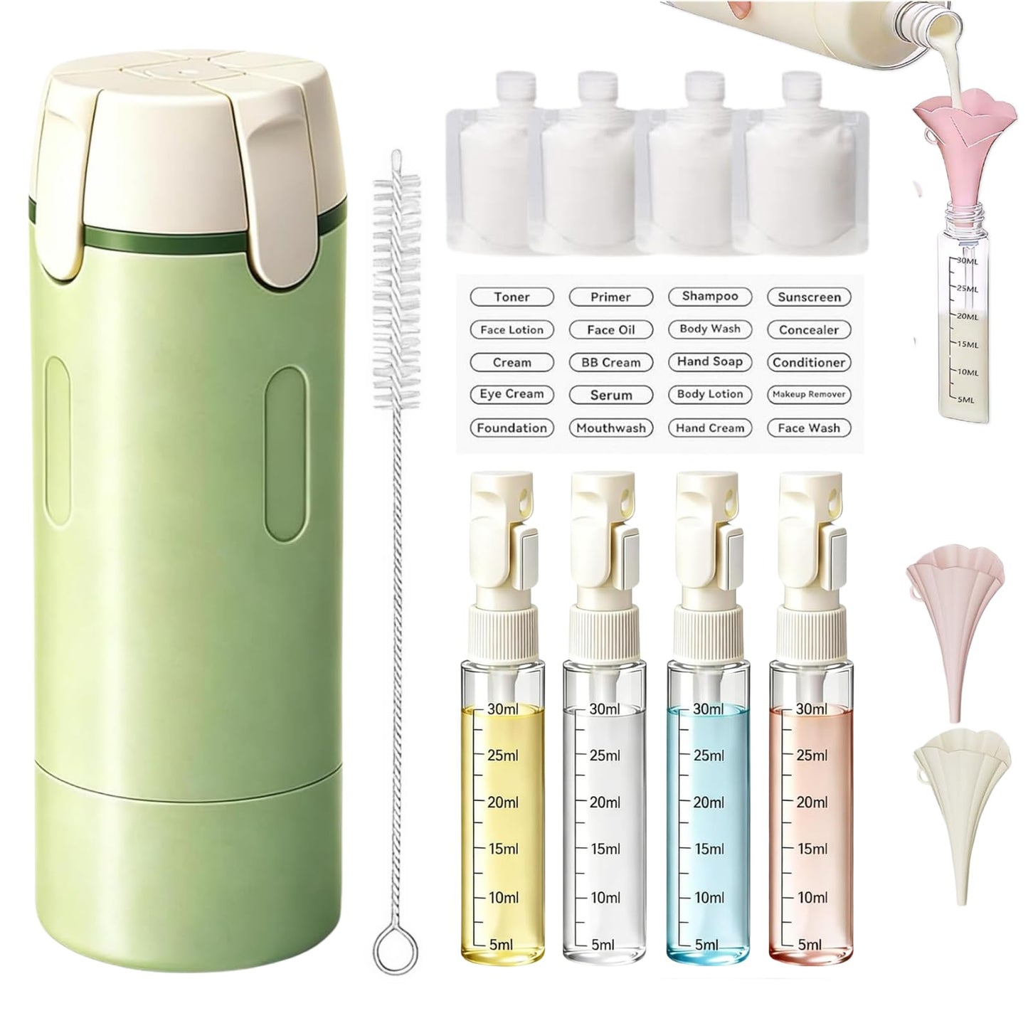 4 in 1 Travel Dispenser,Travel Shampoo and Conditioner Bottles,Refillable Leak Proof Containers Toiletries for Business Travel and Vacation 120ML (Green 1)