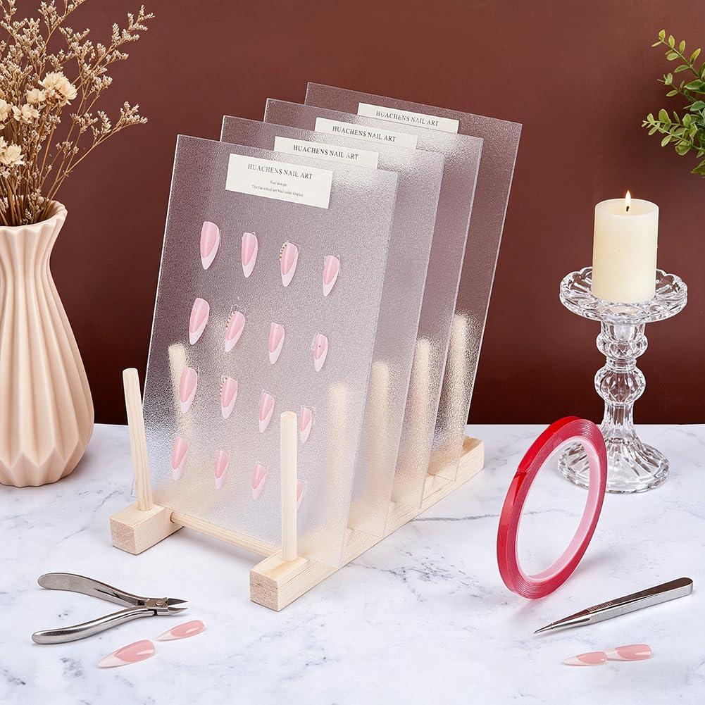 FINGERINSPIRE 4PCS Acrylic Nail Display Board with Wooden Holder 5.24x7.9x8.23inch Transparent Acrylic Manicure Sample Holder Nail Polish Display Board with Natural Wood Base for Salon and Home Use