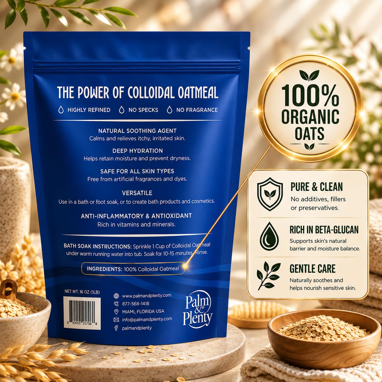 Palm and Plenty 100% Colloidal Oatmeal - Unscented, Ideal for DIY Bath Products, Skincare, Cosmetics, Natural Oatmeal Bath for Itching Adults, Soothing Agent for Itchy, Irritated Skin, 16oz