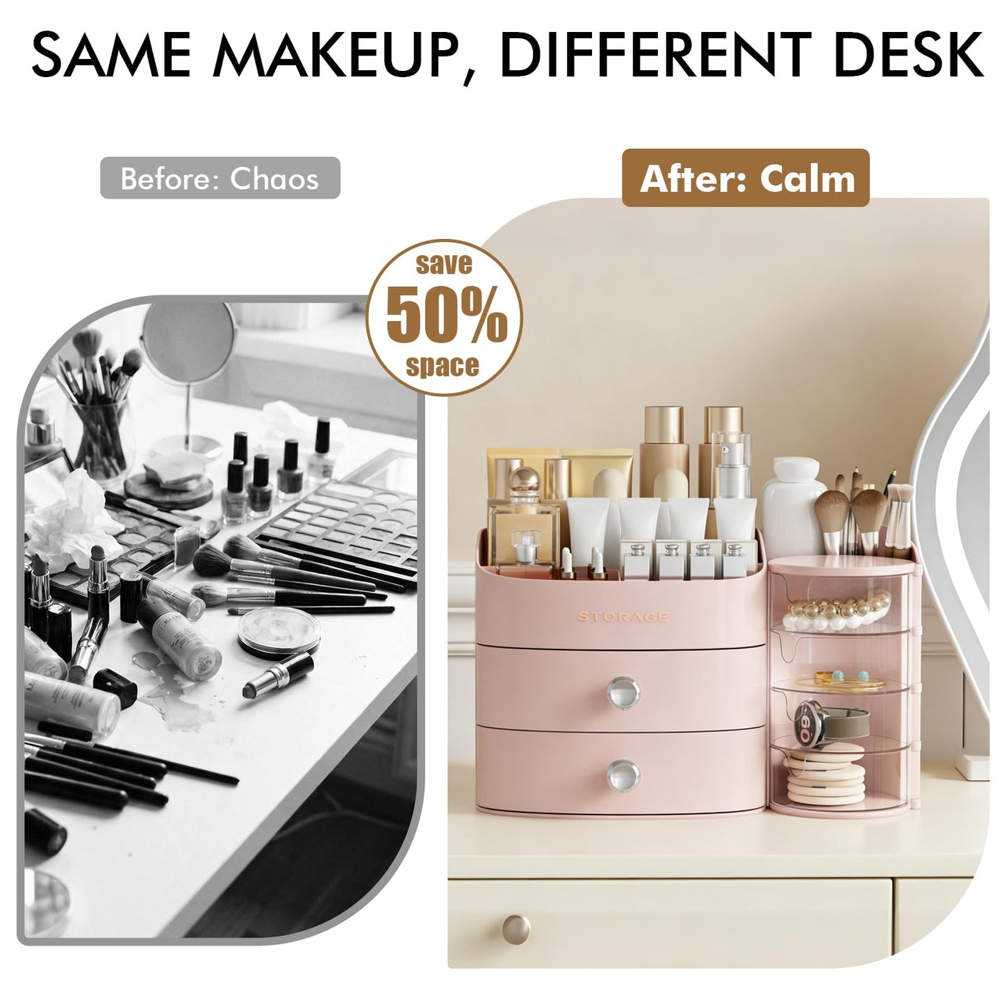 Makeup Organizer Countertop with Drawers, Make up Organizers for Vanity, Skincare Jewelry Earring Organizers, Cosmetic Display Cases Makeup Storage for Bedroom & Bathroom, Ideal Gifts for Women(Pink)